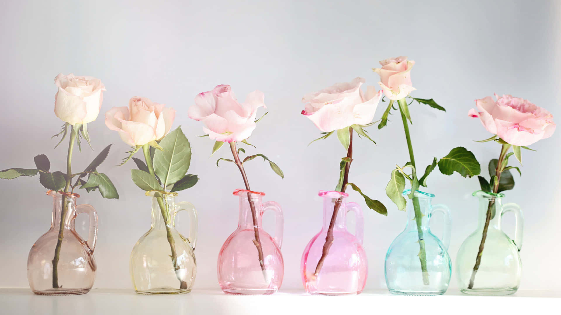 colorful glass vases, pink roses, pastel glass vases, Full HD Desktop Wallpaper