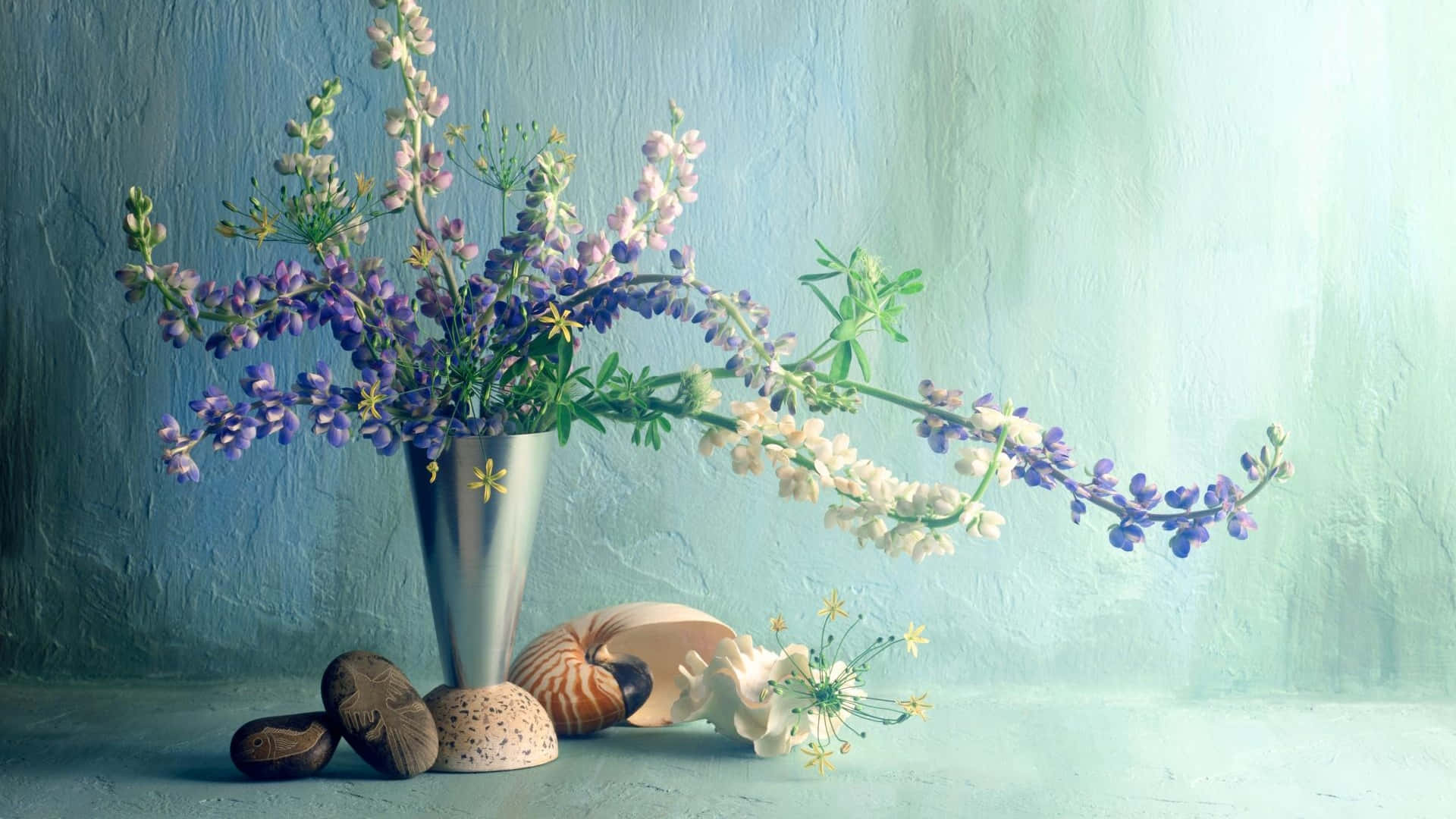silver vase, purple and white lupine flowers, seashells, Full HD Desktop Wallpaper