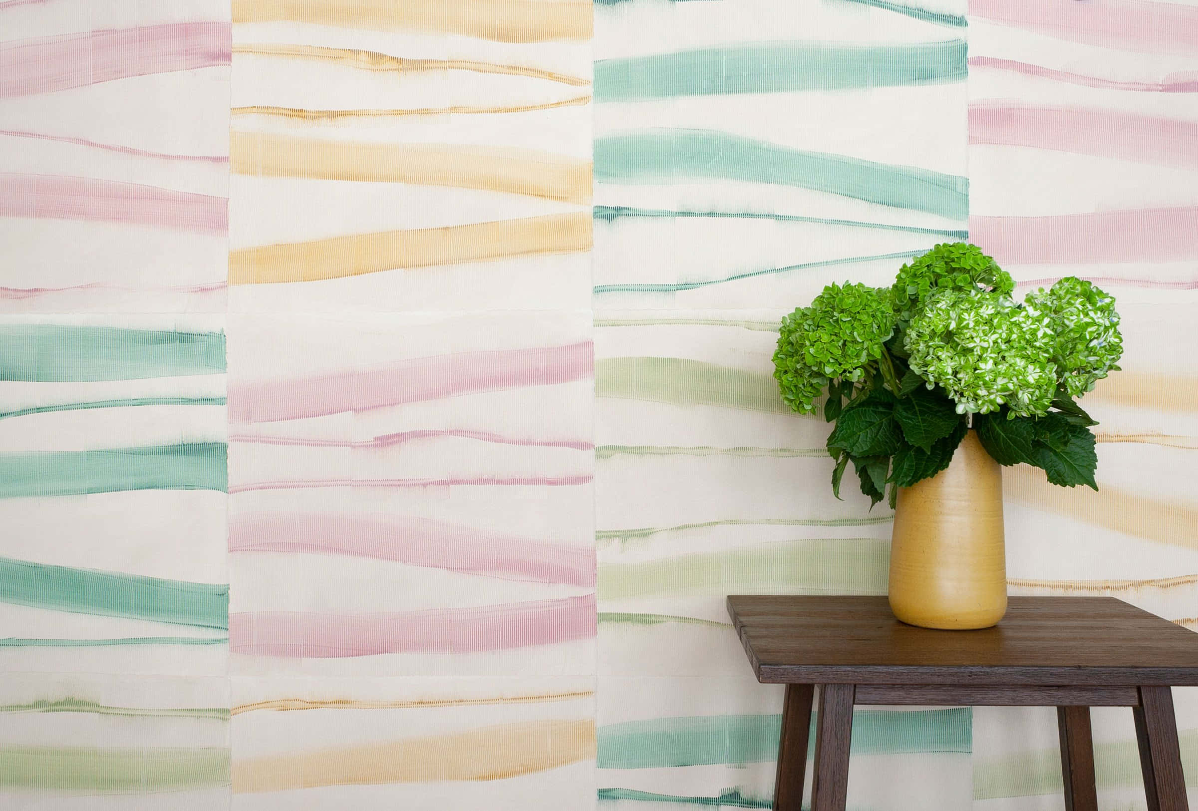 vase, green hydrangeas, dark wooden table, Full HD Desktop Wallpaper