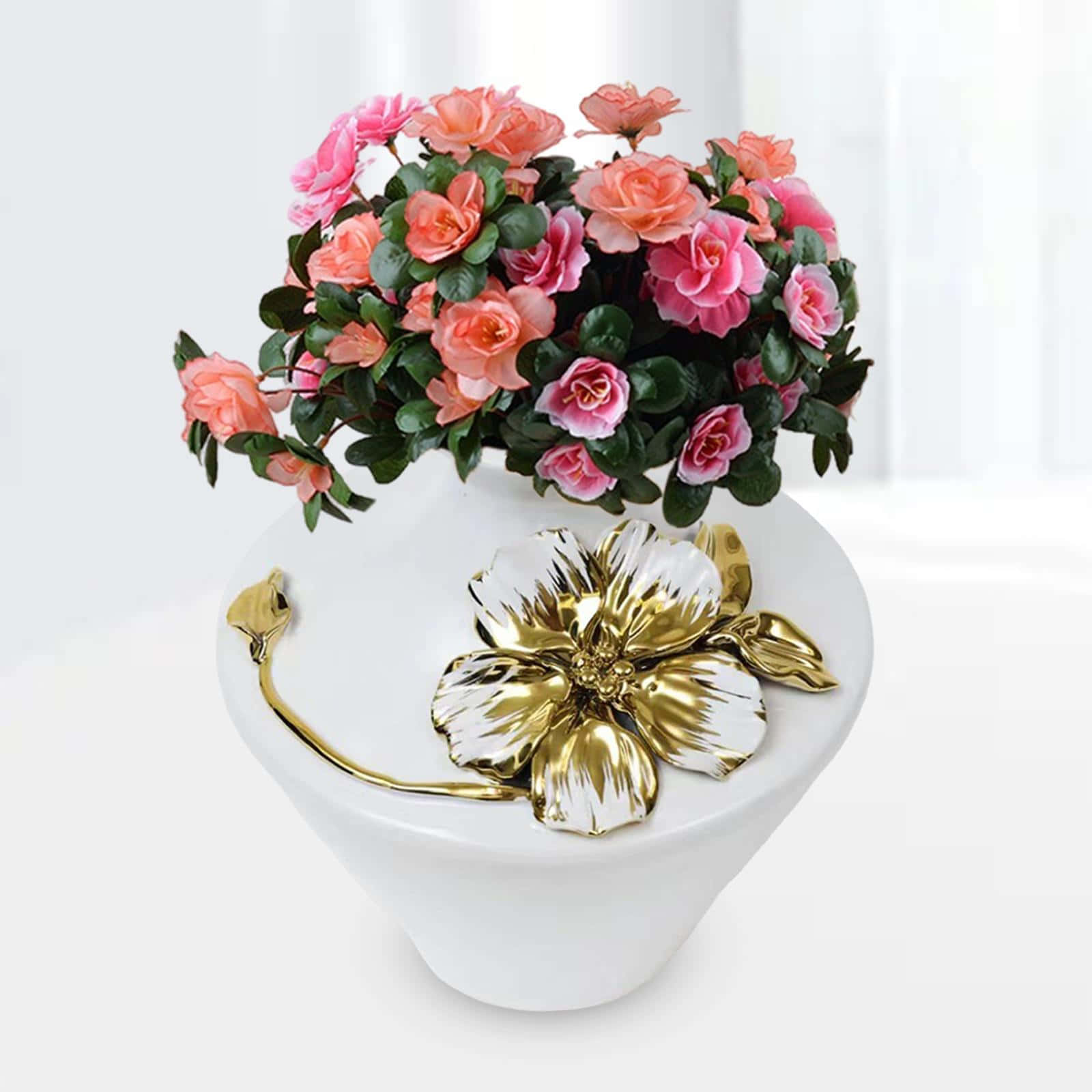 golden flower vase, white ceramic vase, gold and white floral embellishment, HD Desktop Wallpaper