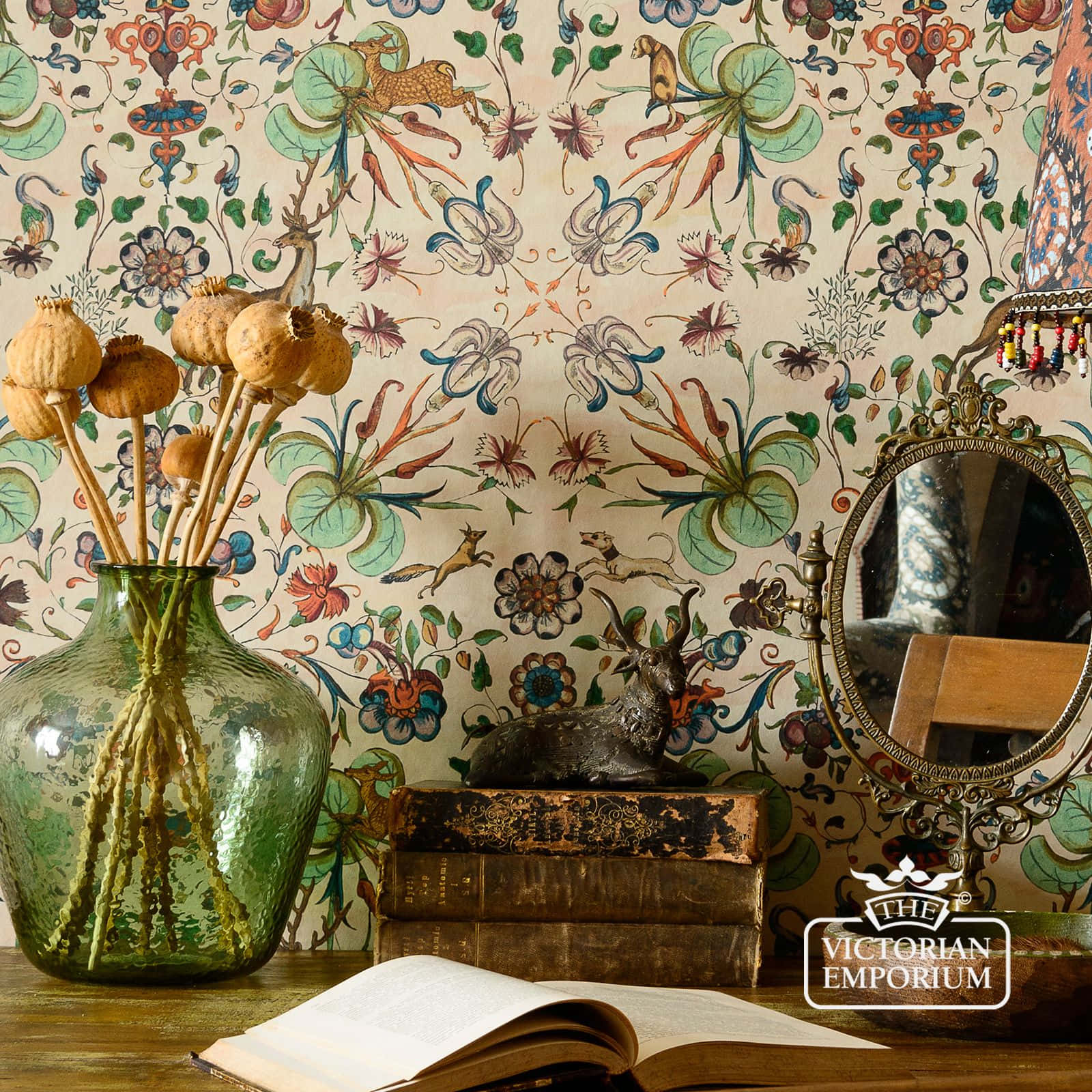 green vase, floral and animal motifs, wooden table, HD Desktop Wallpaper