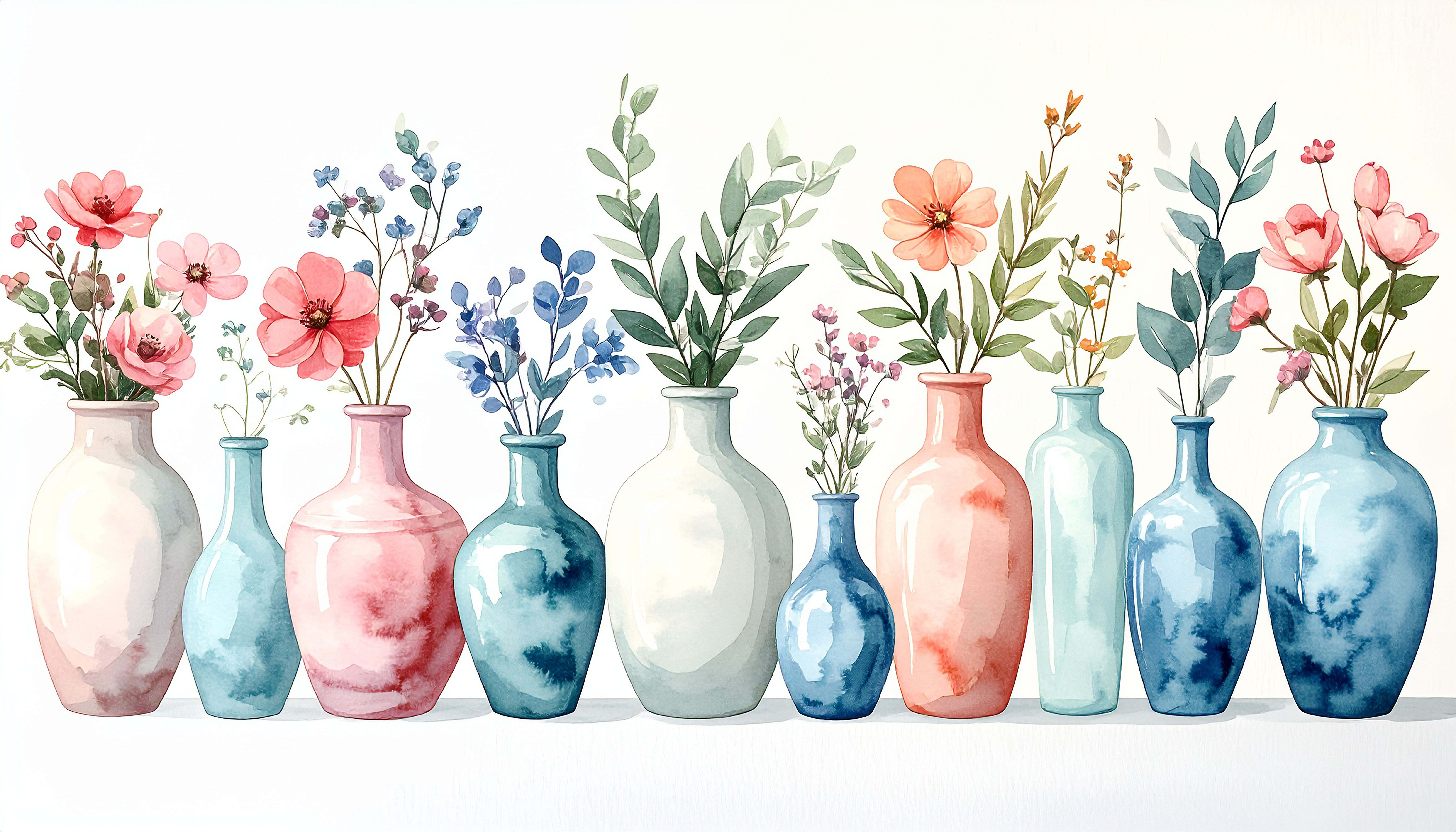 watercolor vases, pastel blues, pinks, 8K Desktop Wallpaper