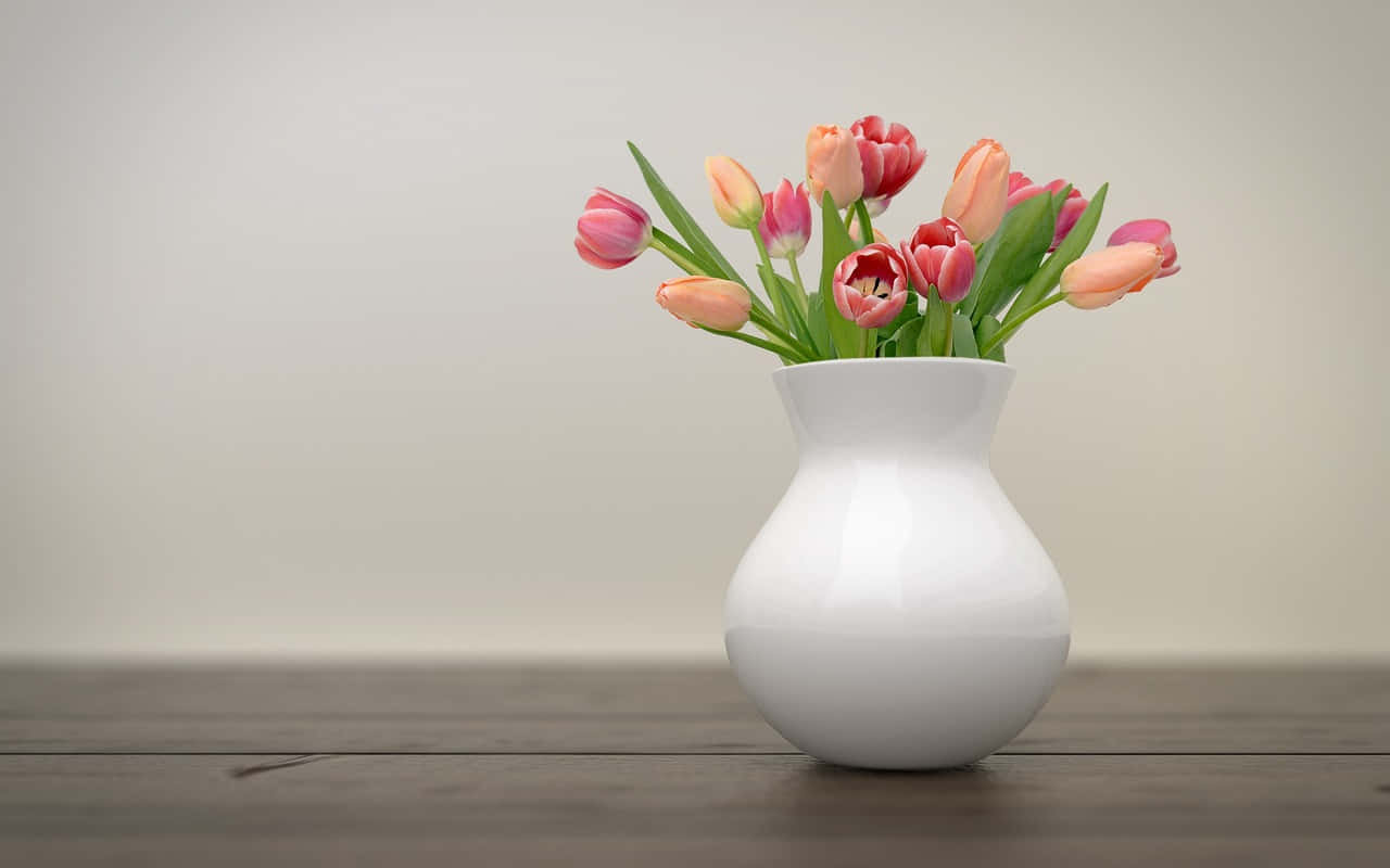 white vase, pink and peach tulips, wooden surface, HD Desktop Wallpaper