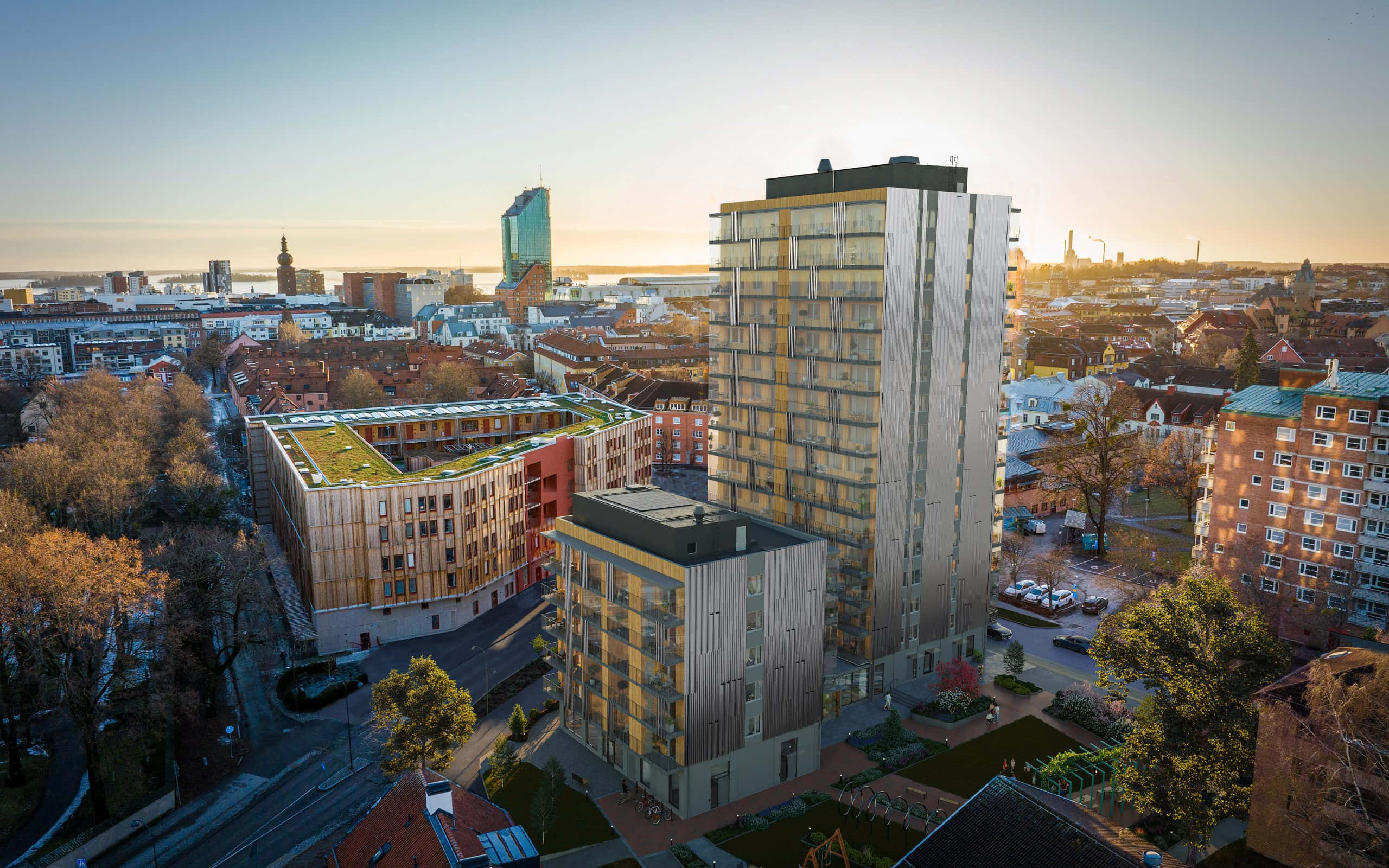 Västerås, cityscape, golden sunset, 2K Desktop Wallpaper