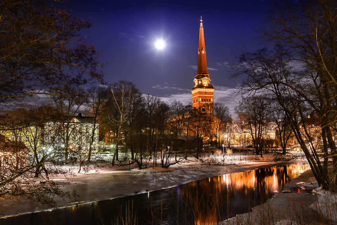 Västerås, nighttime, church tower, SD Desktop Wallpaper