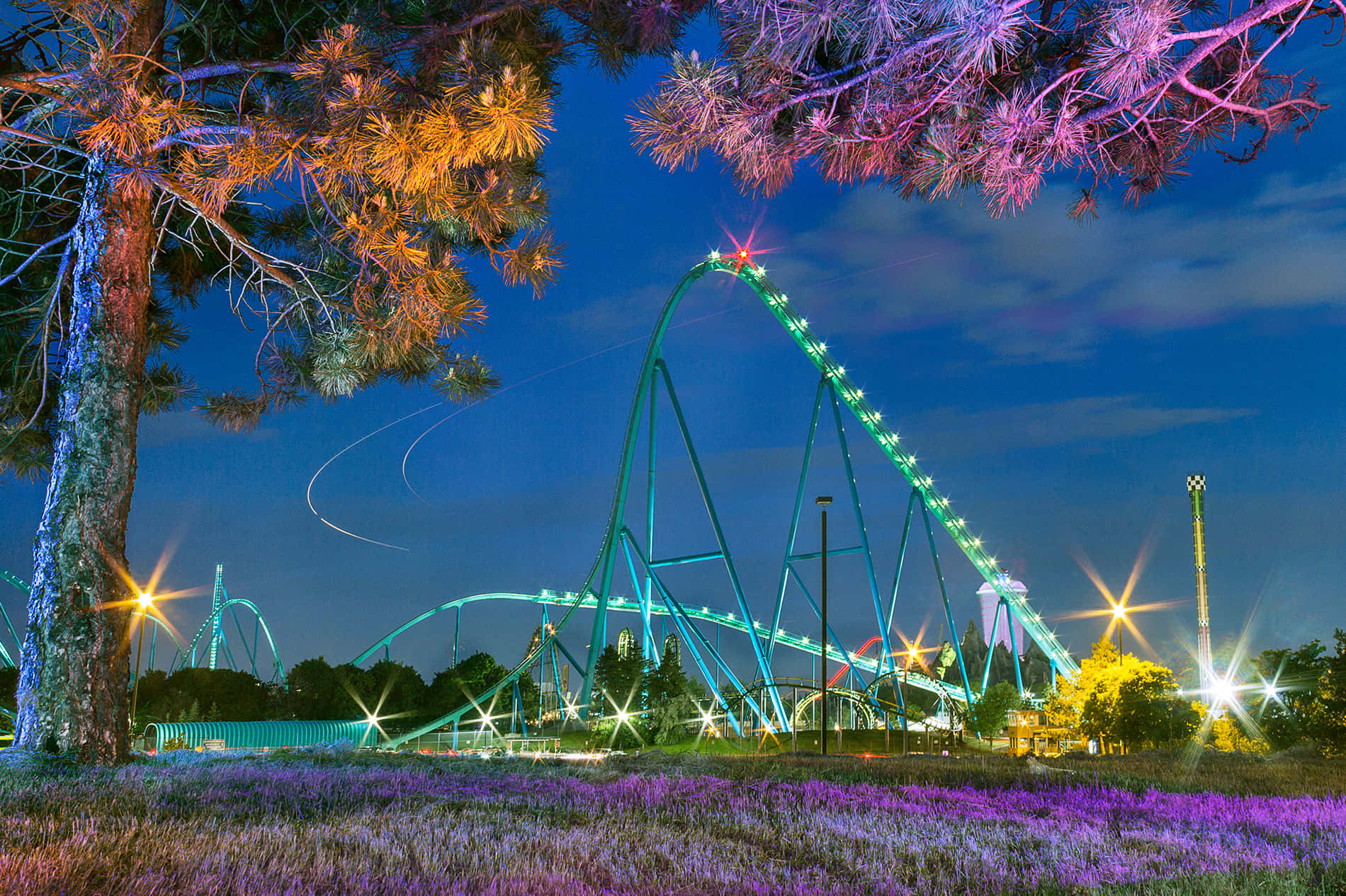 Vaughan, nighttime amusement park, roller coaster, HD Desktop Wallpaper