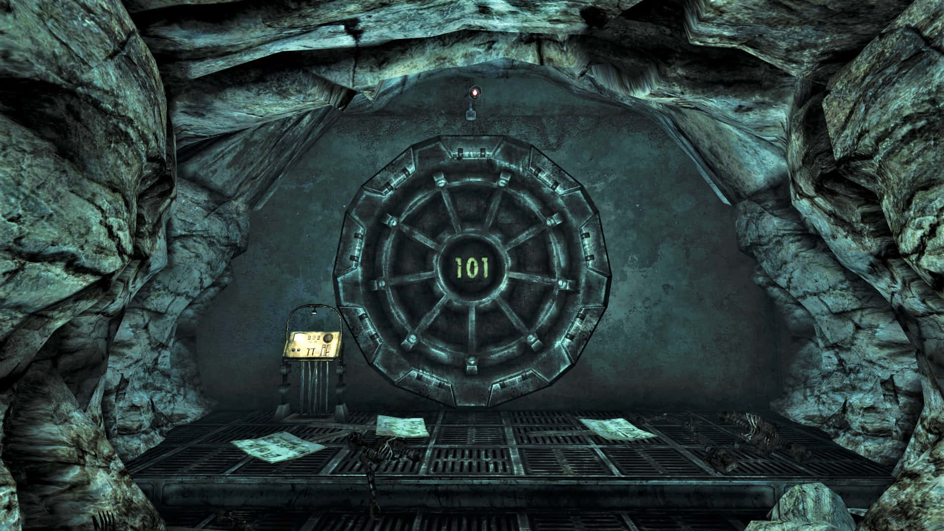 Vault 101, massive metallic vault door, dim rocky chamber, Full HD Desktop Wallpaper
