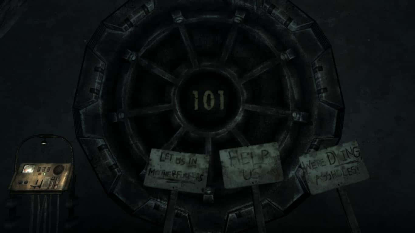 Vault 101, dark metallic door, handwritten signs, HD Desktop Wallpaper