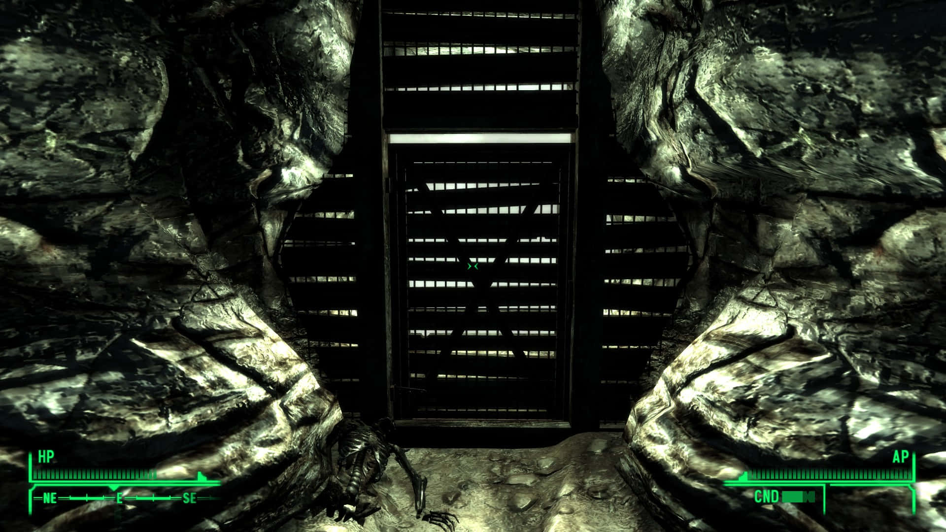 Vault 101, metal barred door, green glowing HUD elements, Full HD Desktop Wallpaper