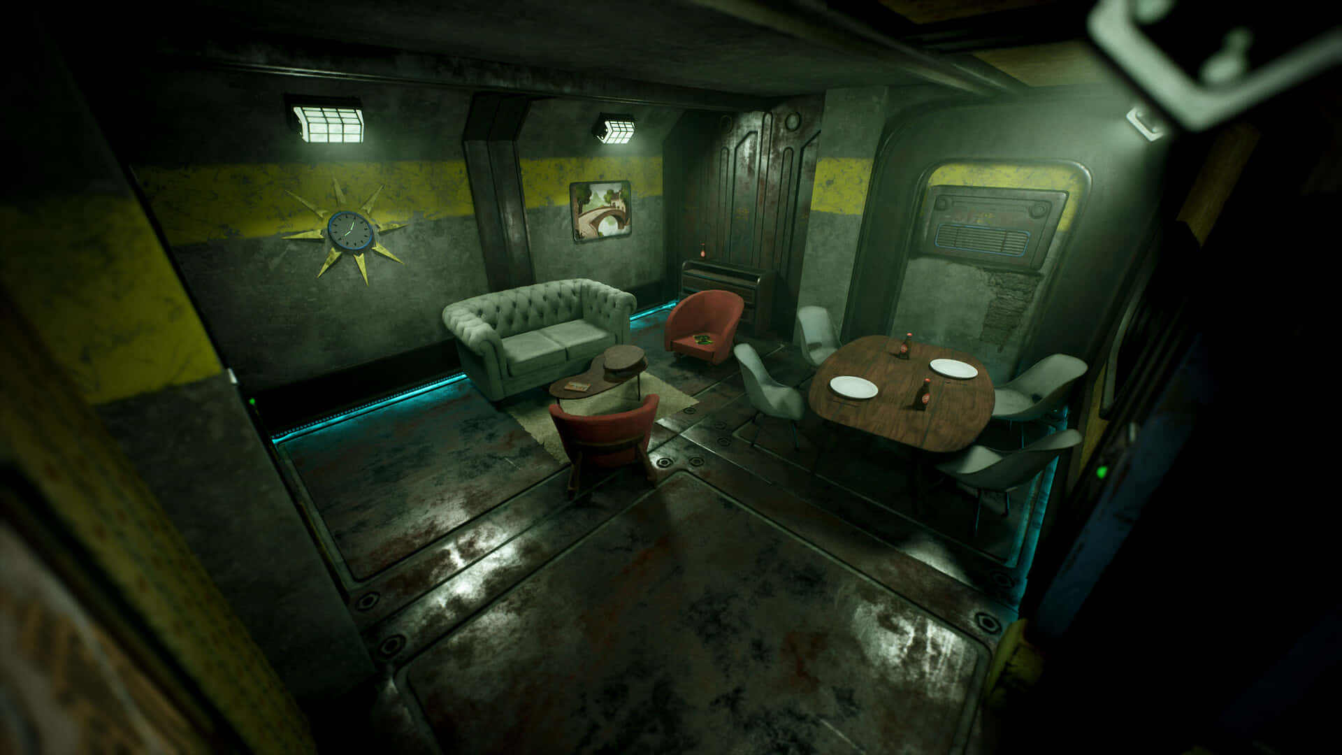 Vault 101, retro-futuristic lounge, teal glowing trim, Full HD Desktop Wallpaper