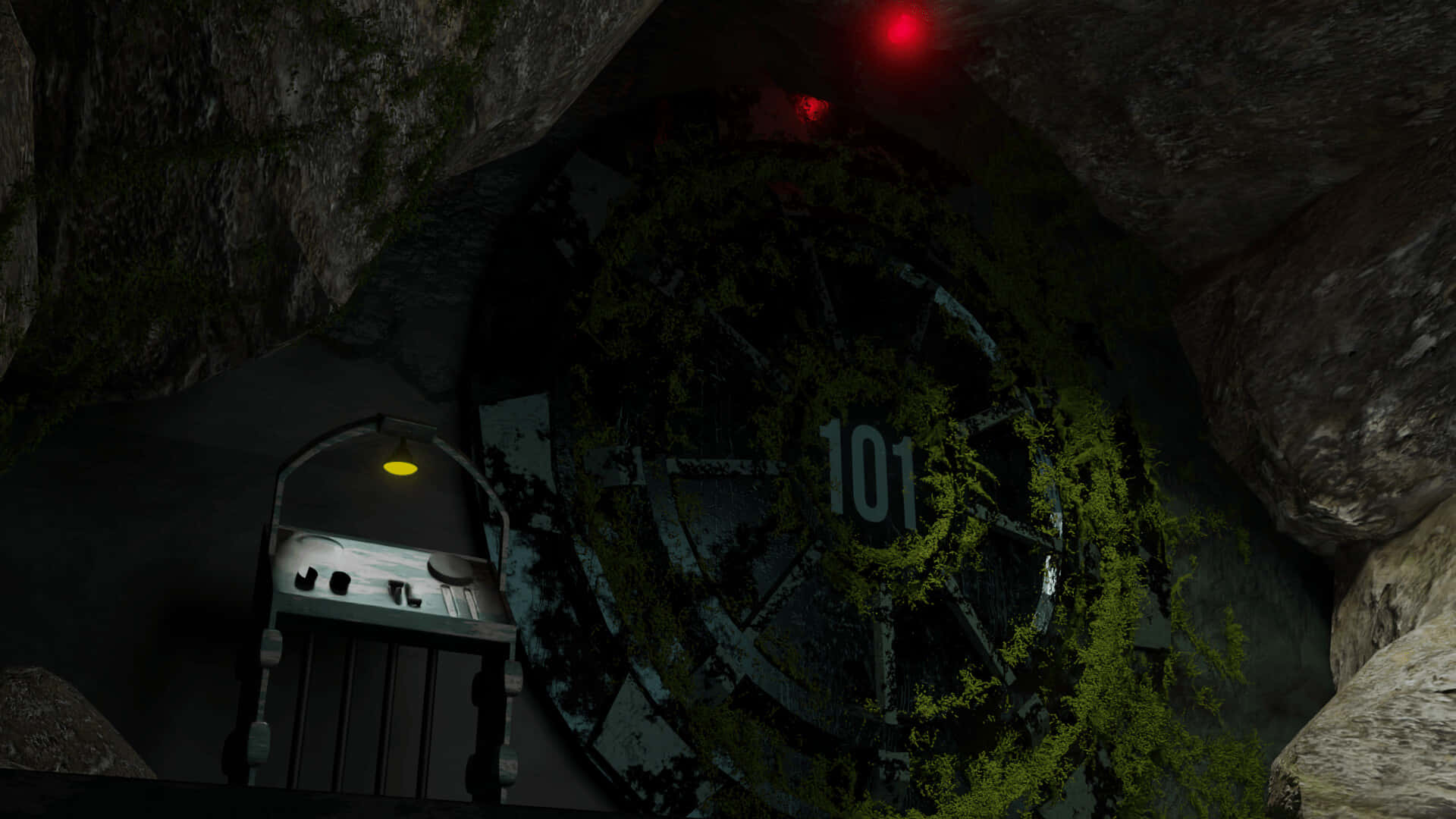 Vault 101, glowing yellow light, moss-covered circular door, Full HD Desktop Wallpaper