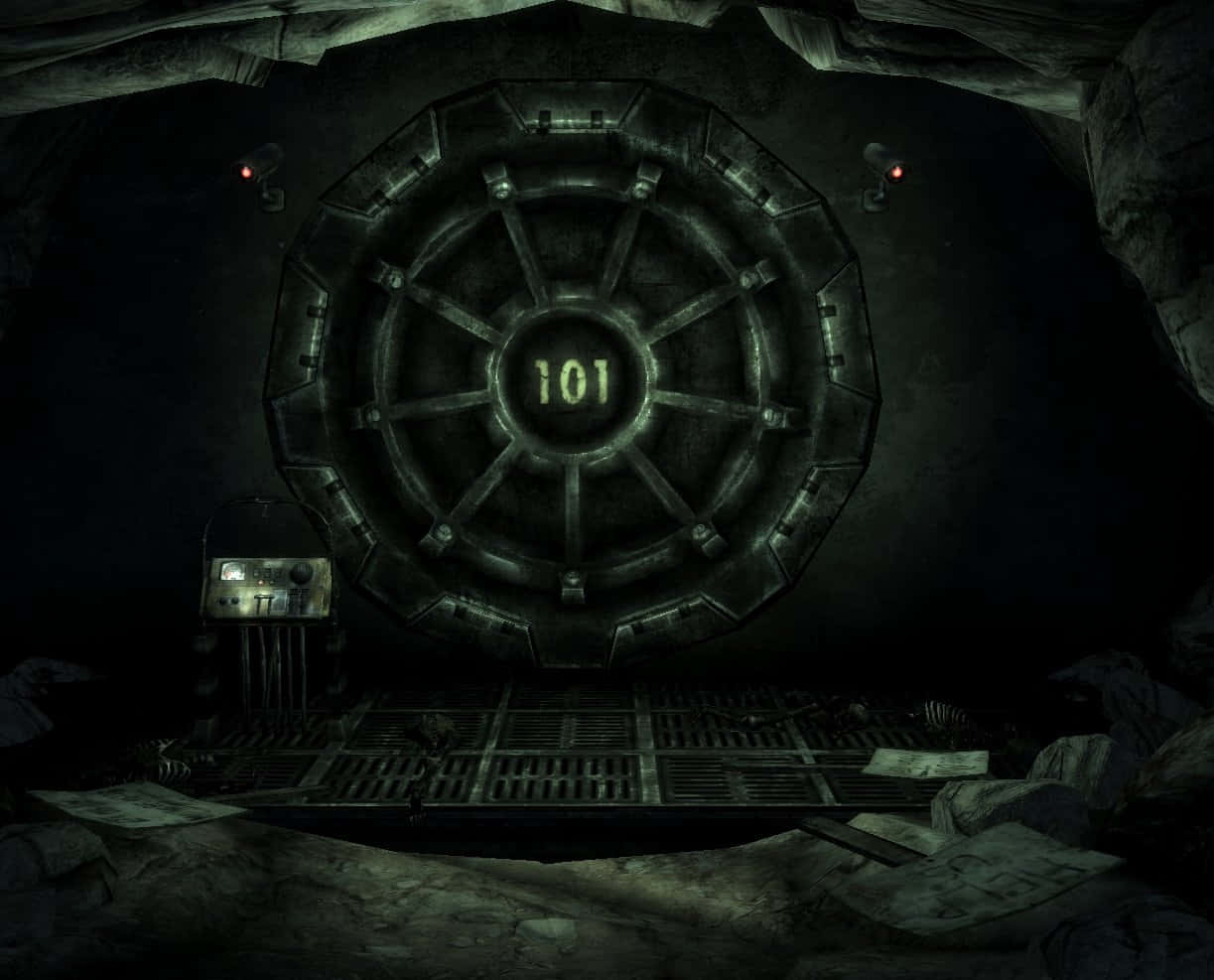 Vault 101, metallic vault door, red lights, SD Desktop Wallpaper