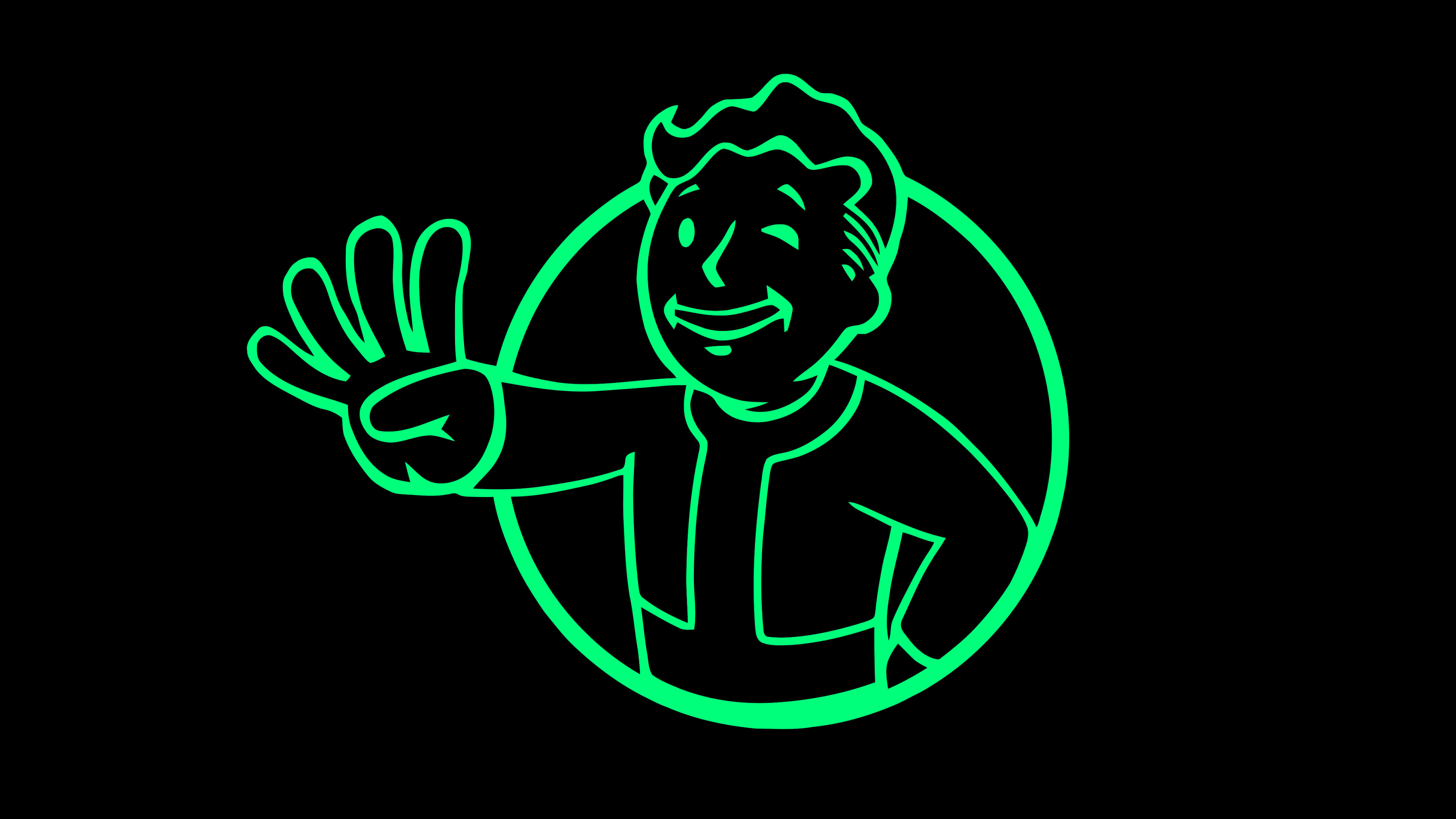 Vault Boy, glowing green outline, circle, 4K Desktop Wallpaper