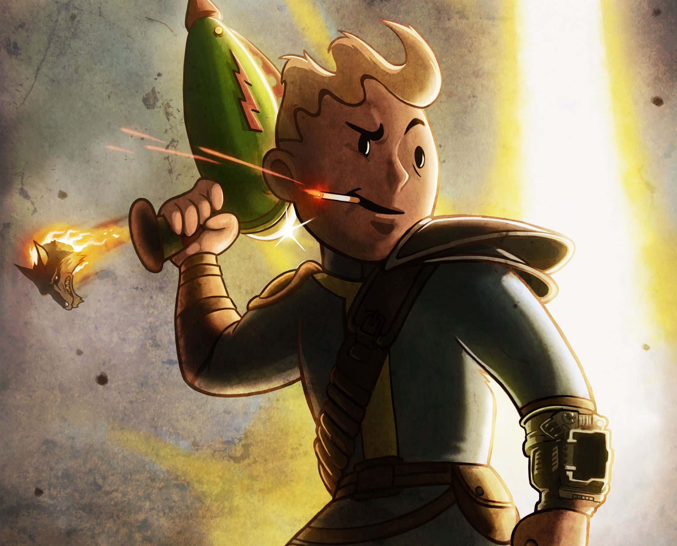 Vault Boy, glowing green weapon, fiery projectile, Full HD Desktop Wallpaper