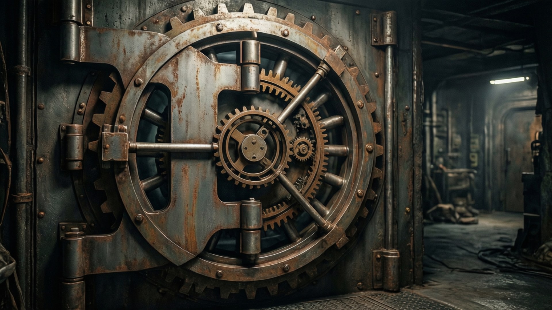 massive vault door, rusted industrial vault door, intricate gears, Full HD Desktop Wallpaper