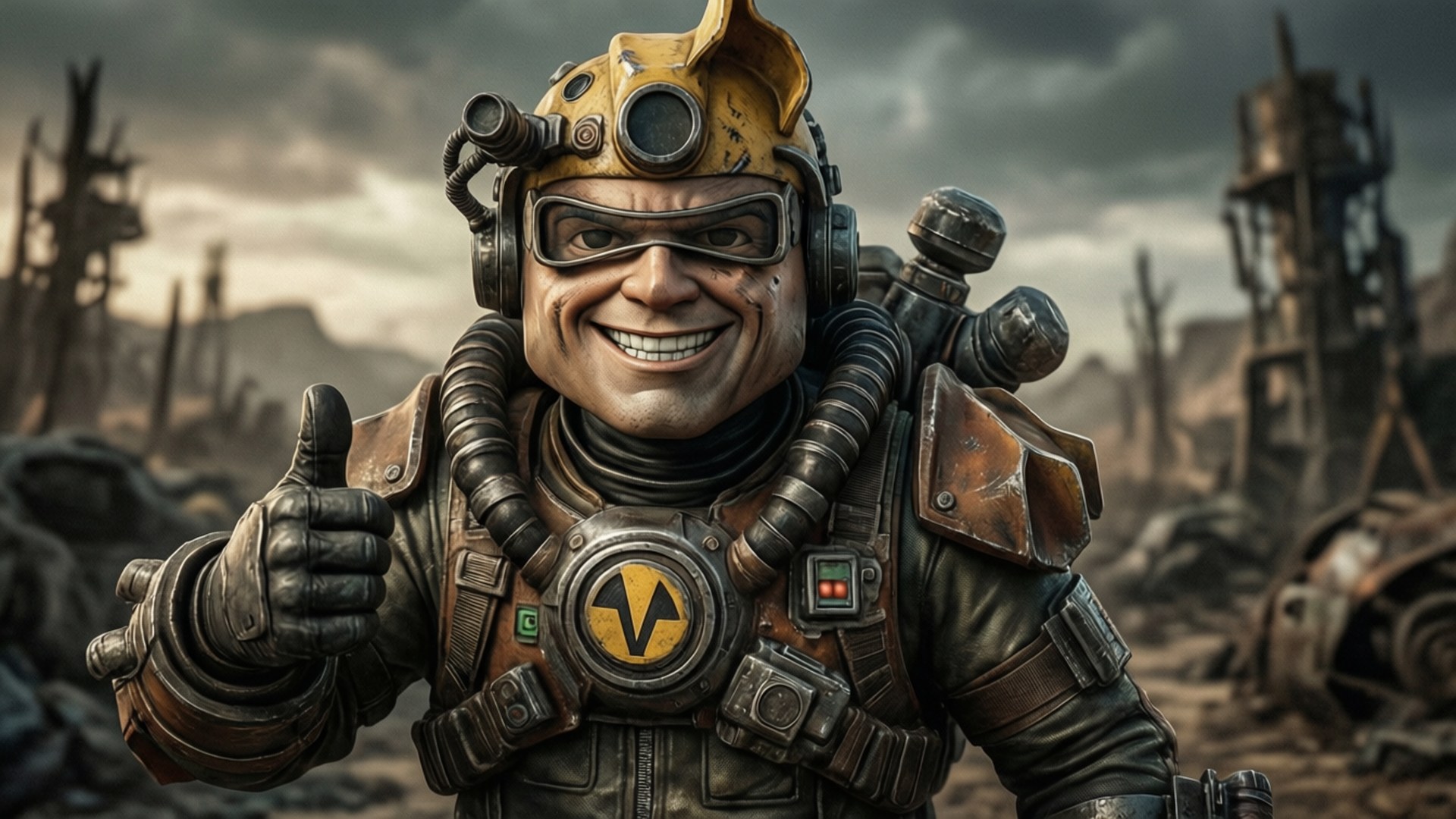Vault Boy, yellow power armor, ruined post-apocalyptic wasteland, Full HD Desktop Wallpaper