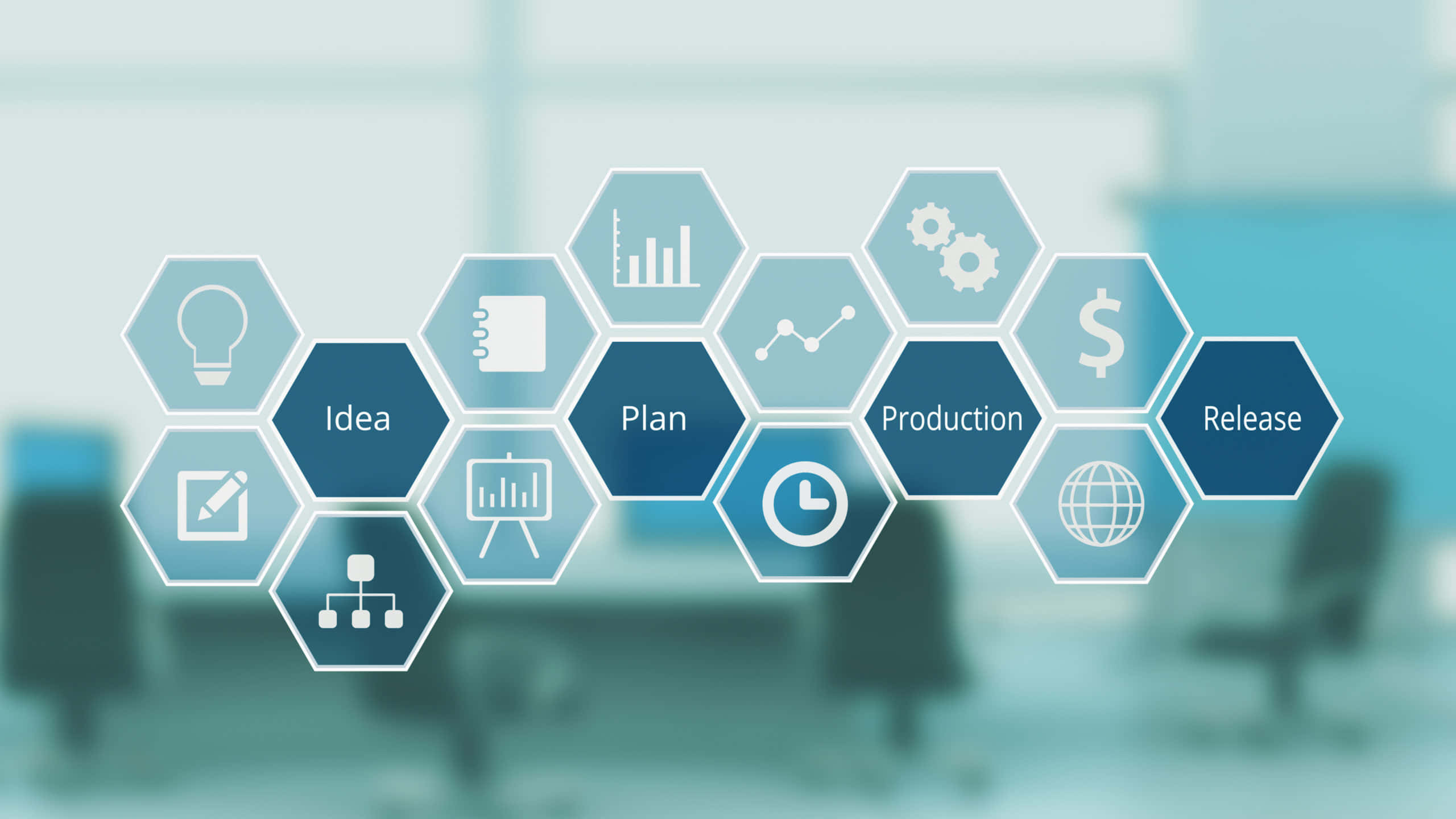 hexagons, project management icons, business workflow stages, 2K Desktop Wallpaper