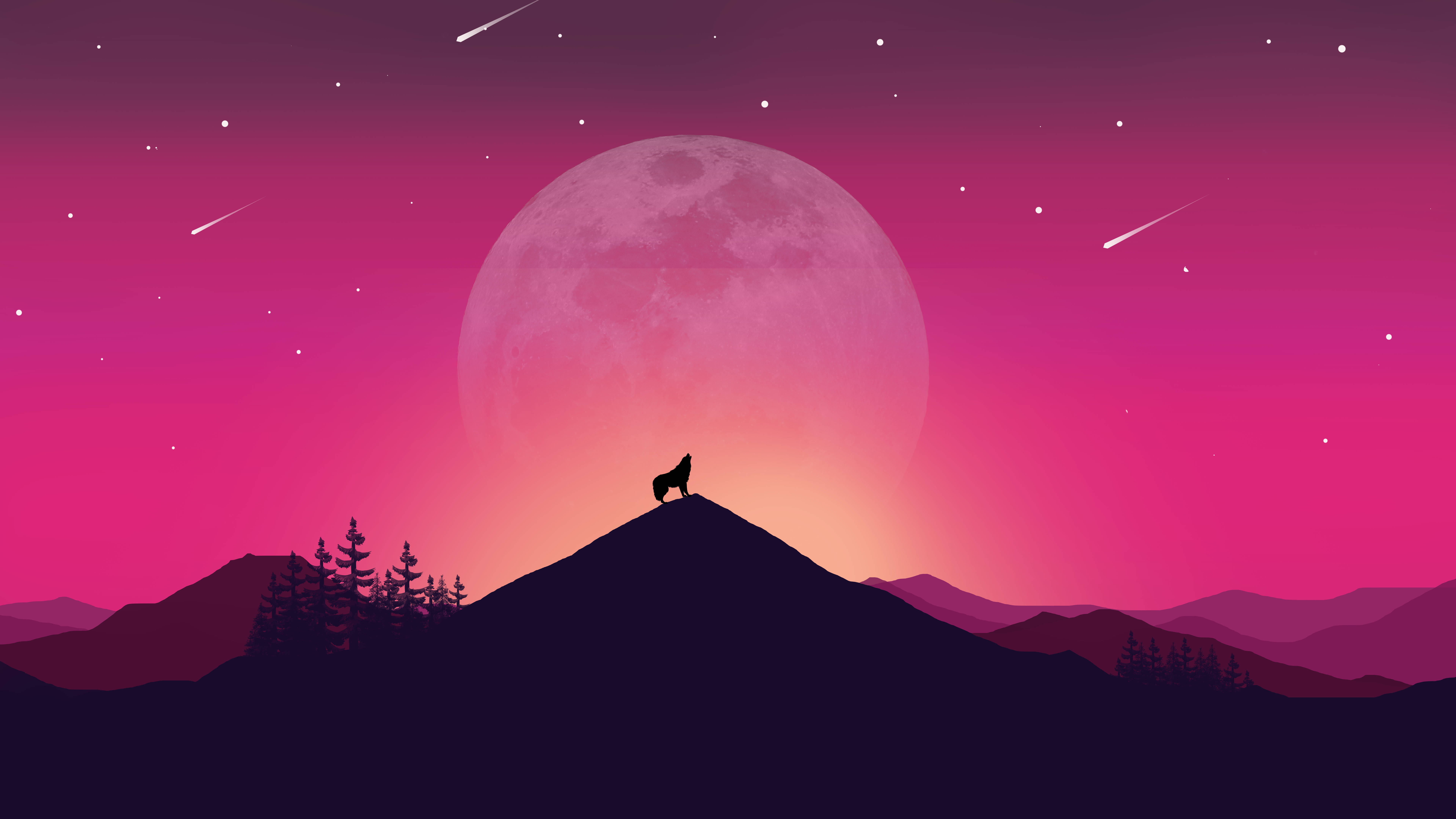 pink 4k ultra hd wolf vector, pink moon, mountain peak, 8K Desktop Wallpaper