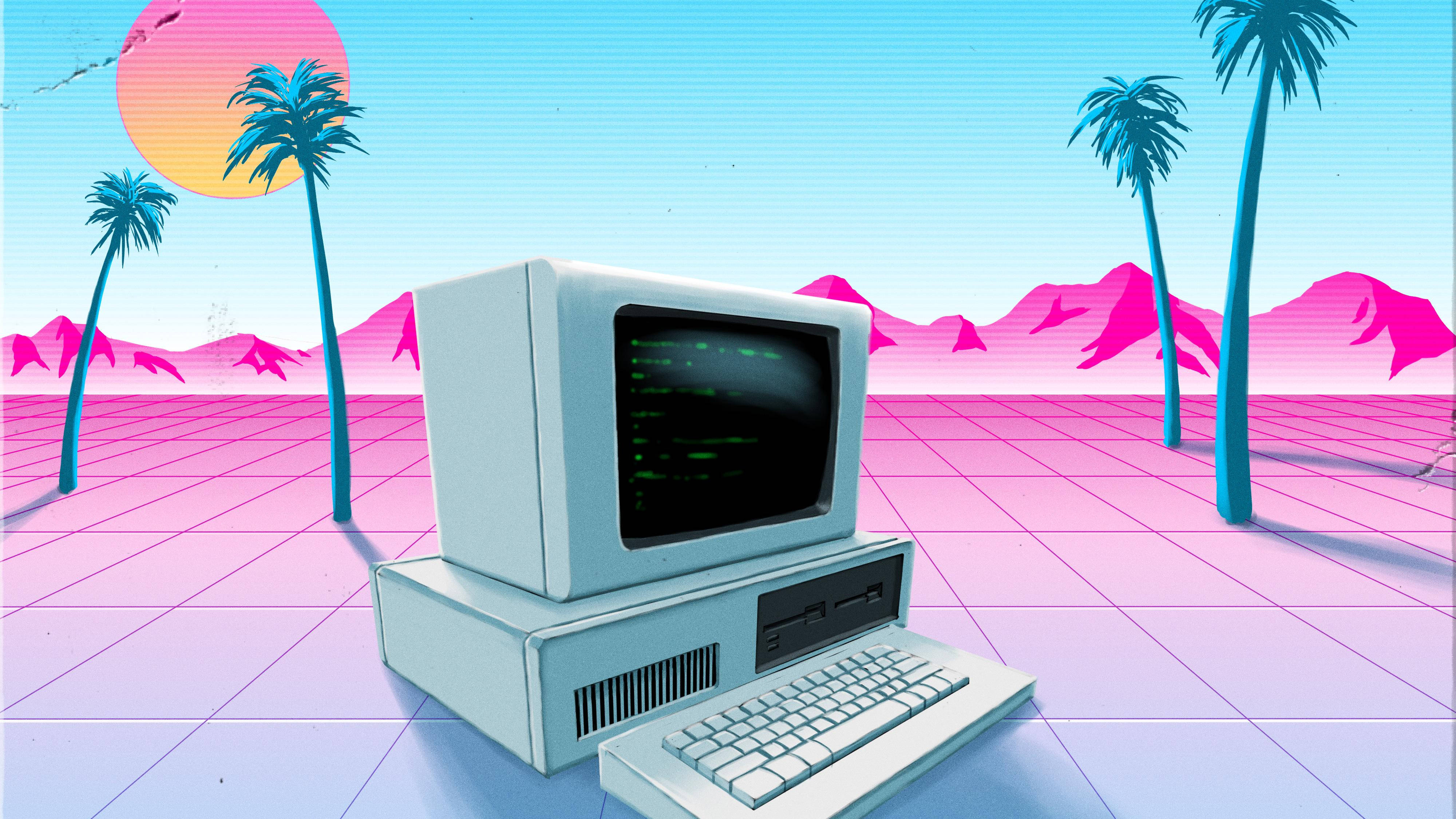 4K TV, palm trees, neon sunset, 4K Desktop Wallpaper