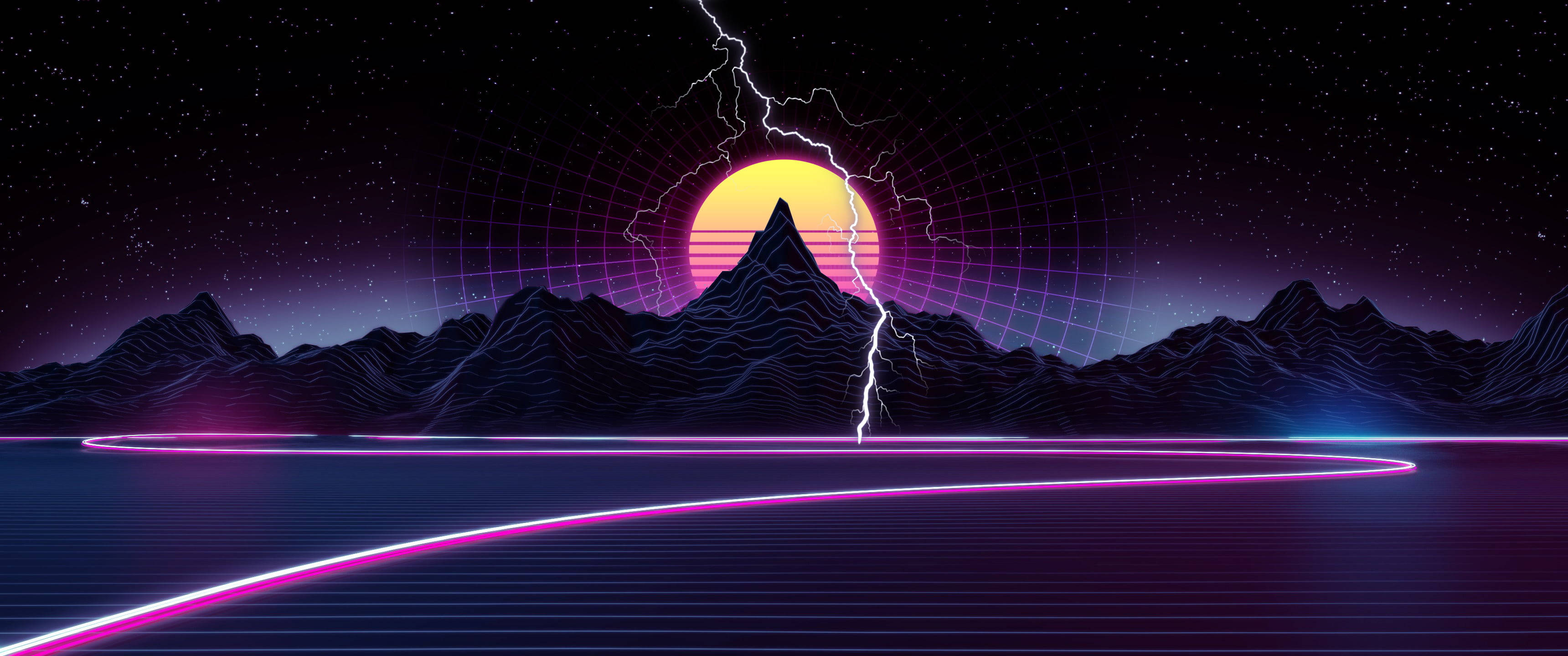 Ultra Wide 4K, dark neon art, neon-lit mountain peak, 2K Desktop Wallpaper