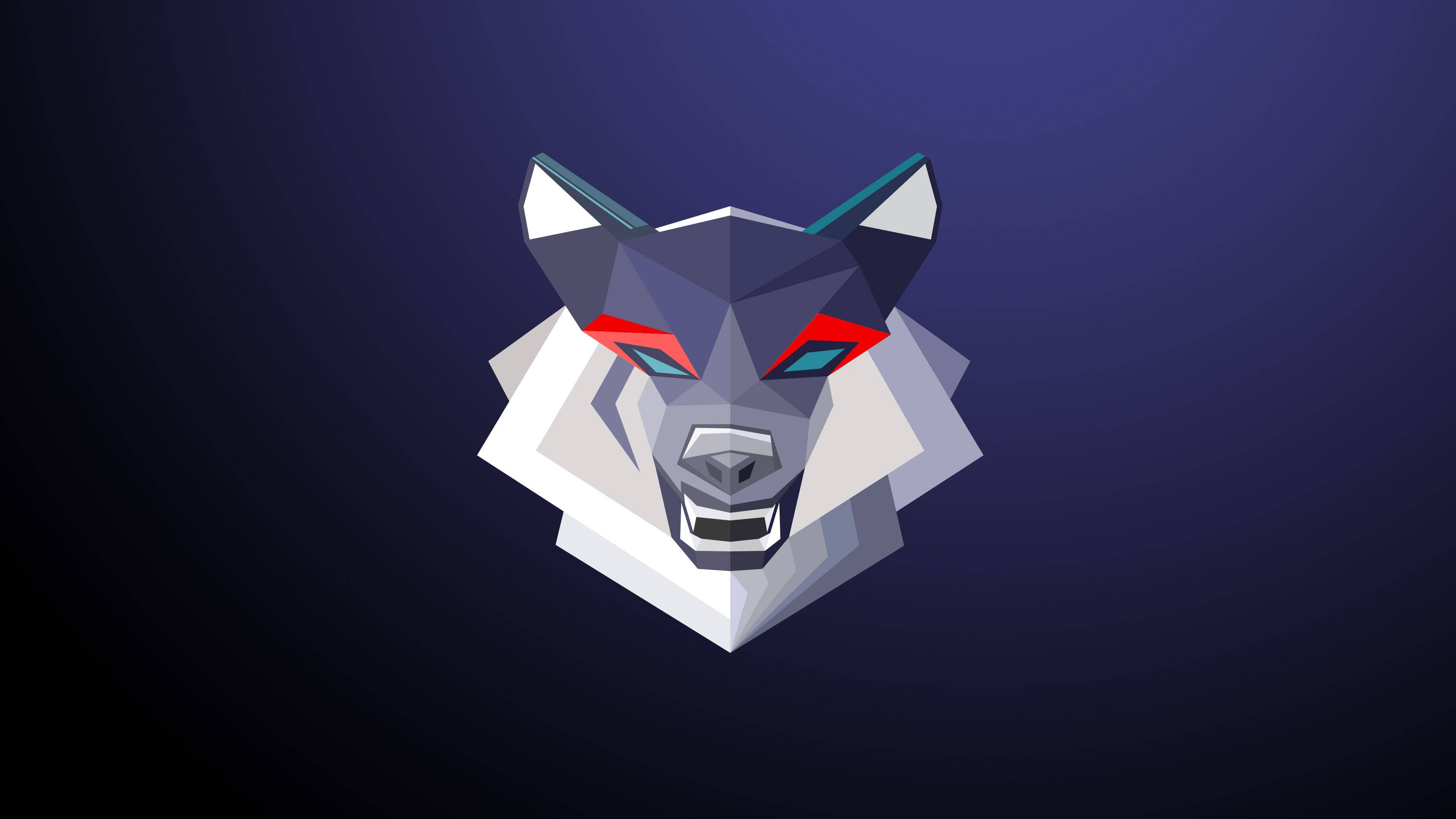 geometric wolf, glowing red eyes, sharp geometric features, 4K Desktop Wallpaper