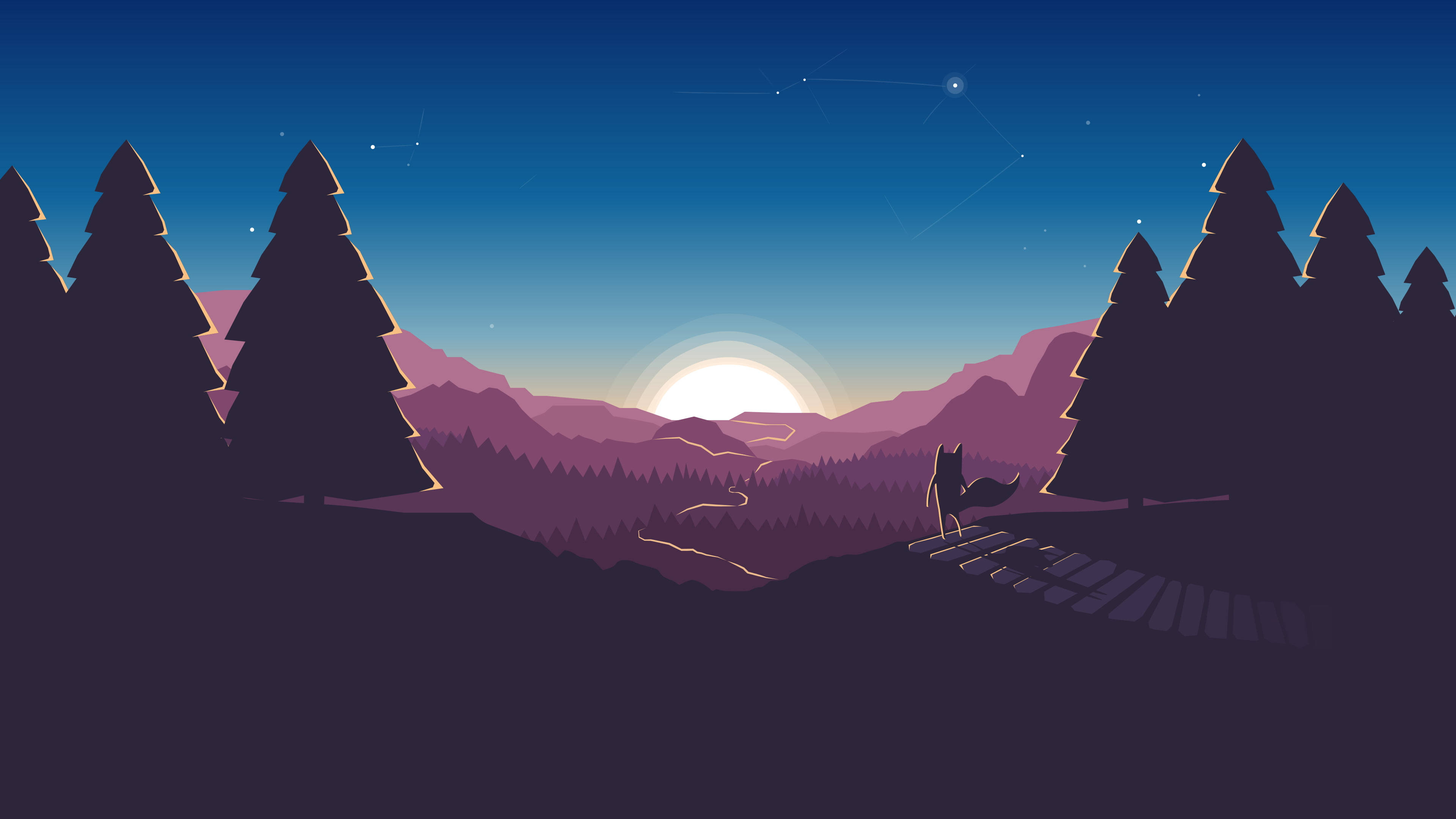 fox, sunset, wooden bridge, 4K Desktop Wallpaper