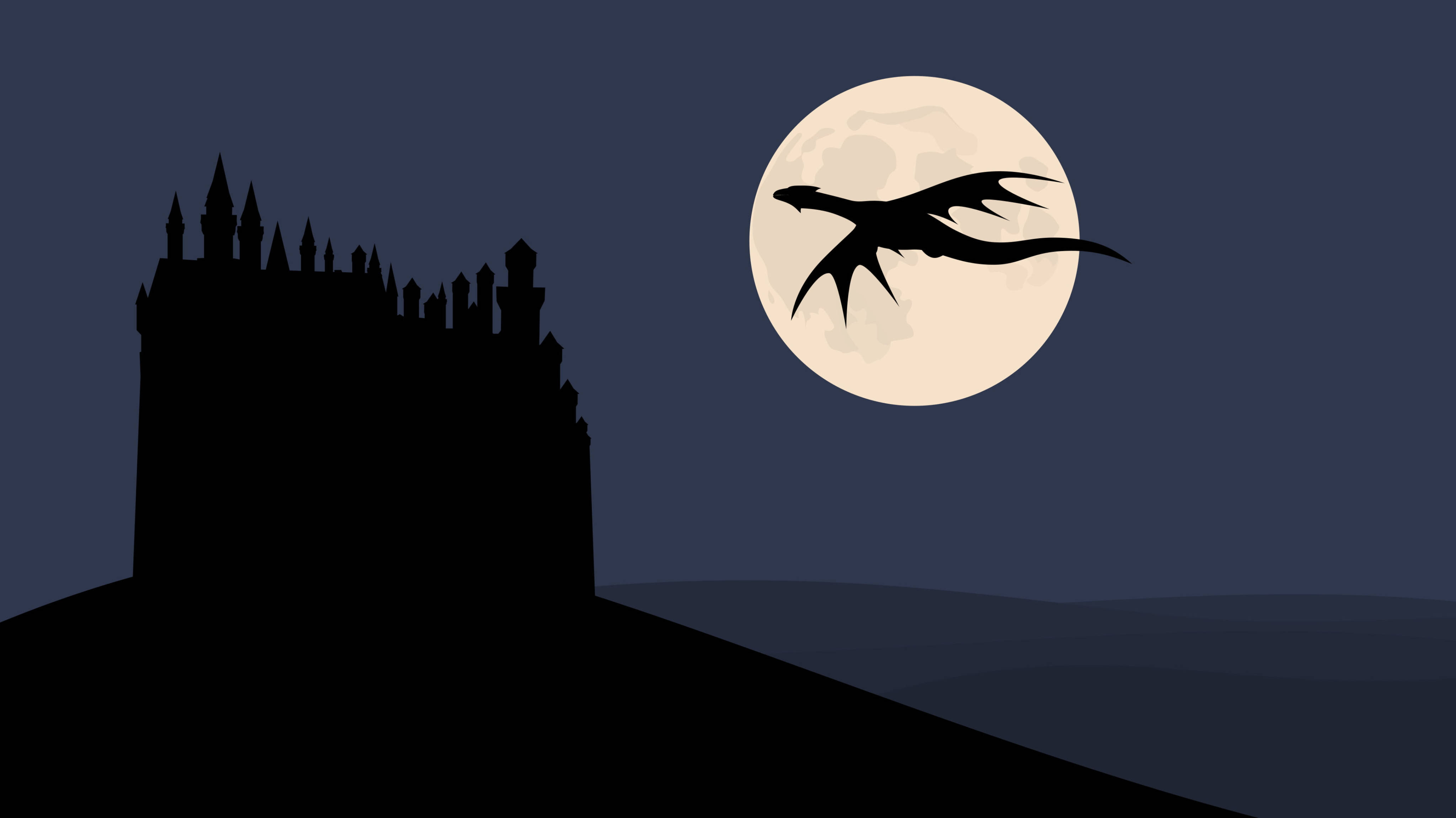 dragon silhouette, full moon, castle perched on a hill, 4K Desktop Wallpaper