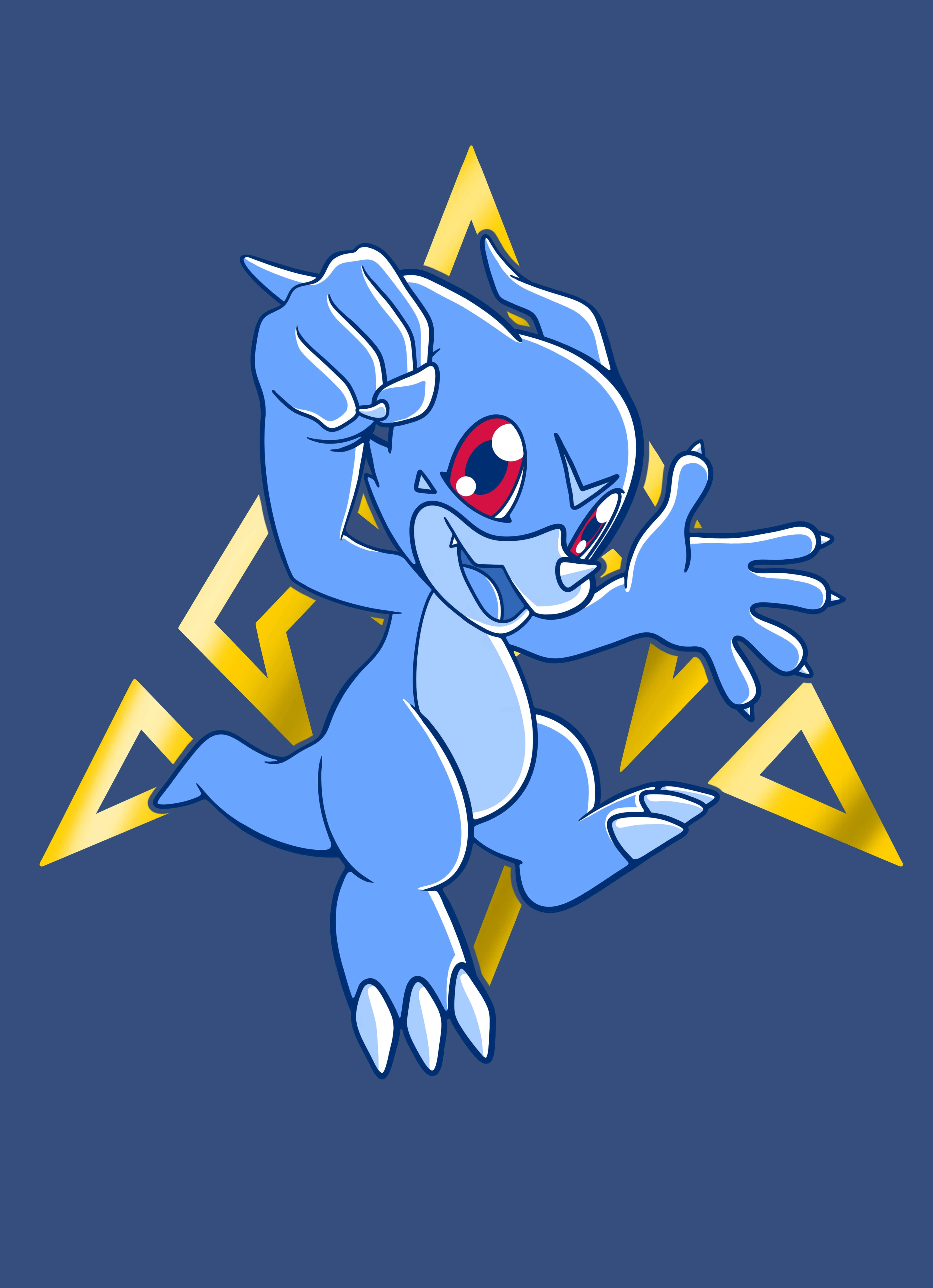 Veemon, blue cartoon dinosaur, red eyes, 5K Phone Wallpaper