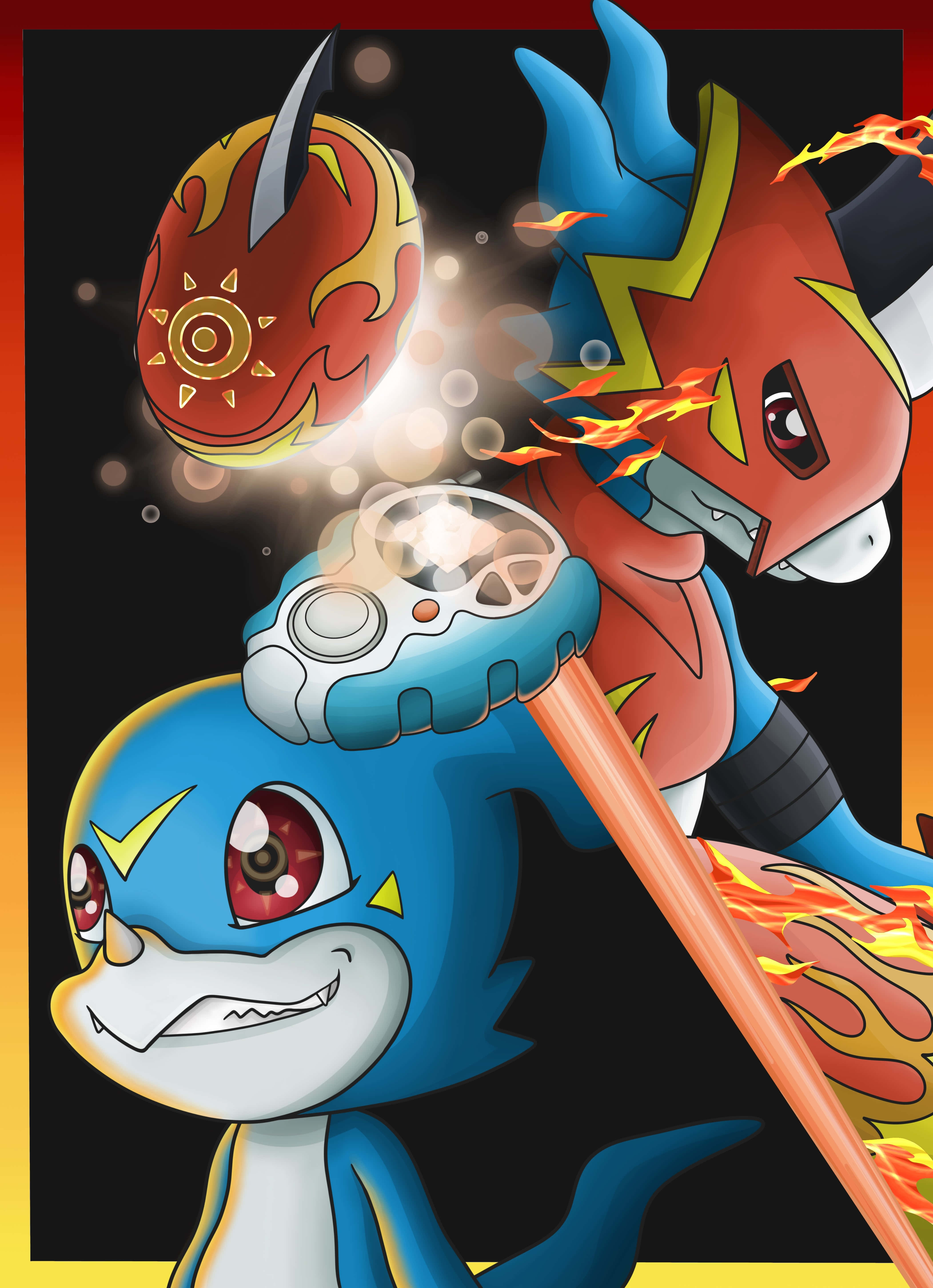 Veemon, fiery anime-style dragon creatures, glowing weapons, 5K Phone Wallpaper
