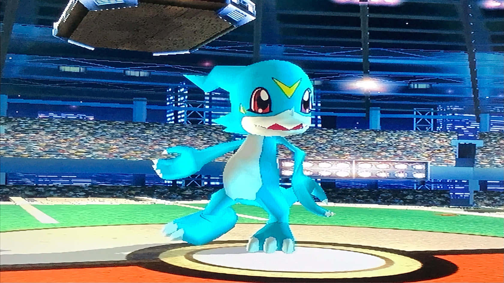 Veemon, blue digital monster, glowing arena platform, HD Desktop Wallpaper
