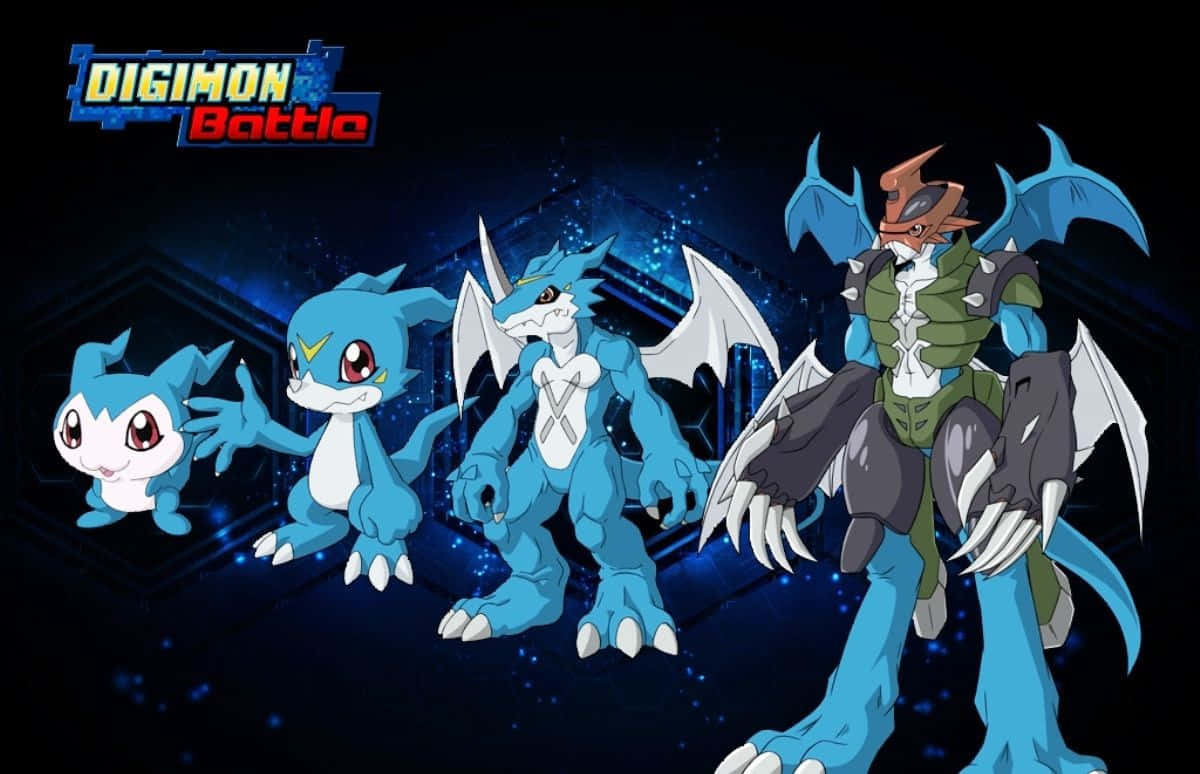 Veemon, blue and white Digimon characters, dark starry digital background, SD Desktop Wallpaper