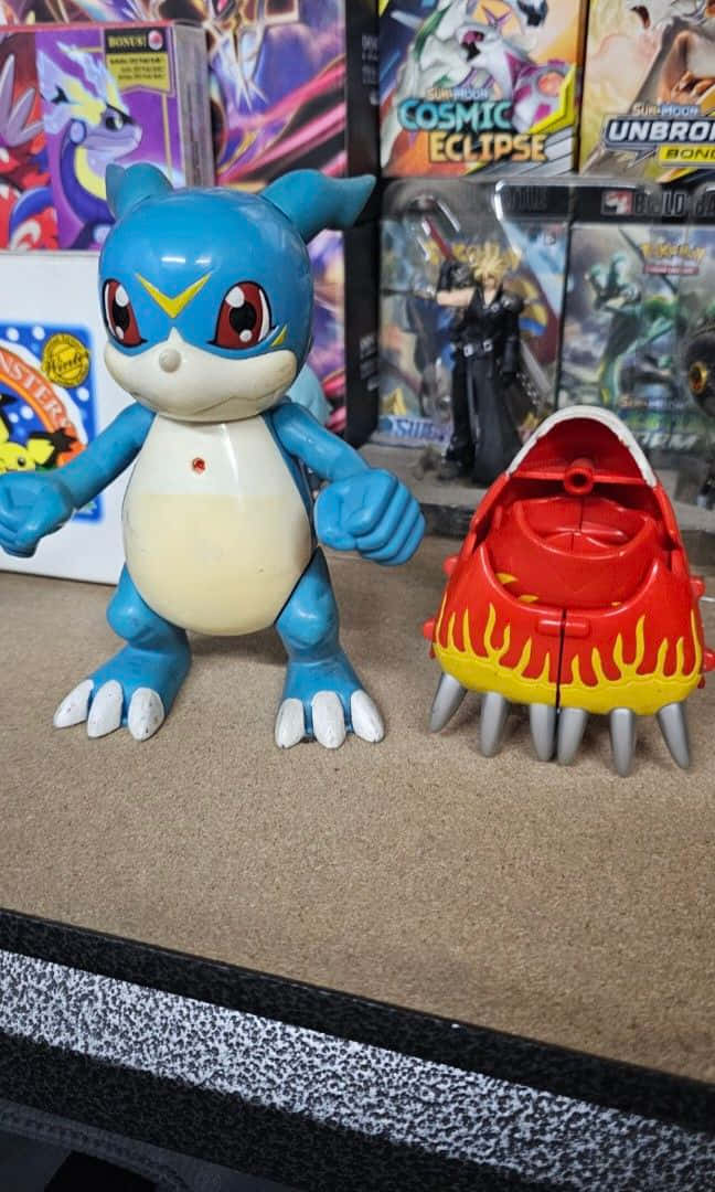 Veemon, blue and white Digimon, red and yellow flame-themed toy, SD Phone Wallpaper