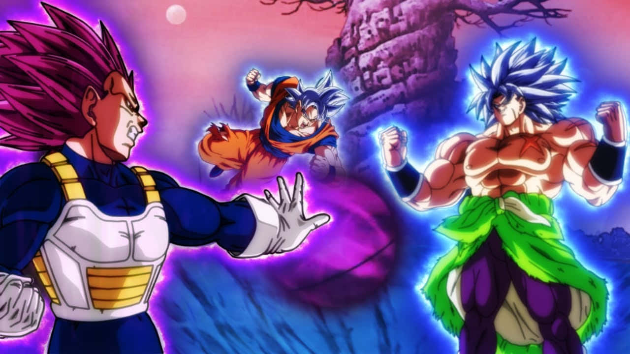 Vegeta, Broly, surreal purple and blue sky, HD Desktop Wallpaper