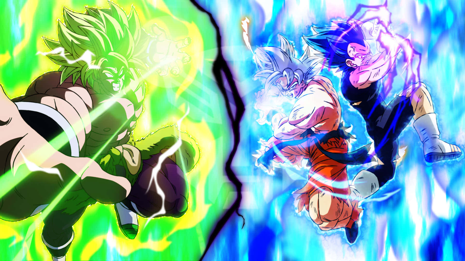 Vegeta, Broly, vibrant green and blue energy bursts, Full HD Desktop Wallpaper