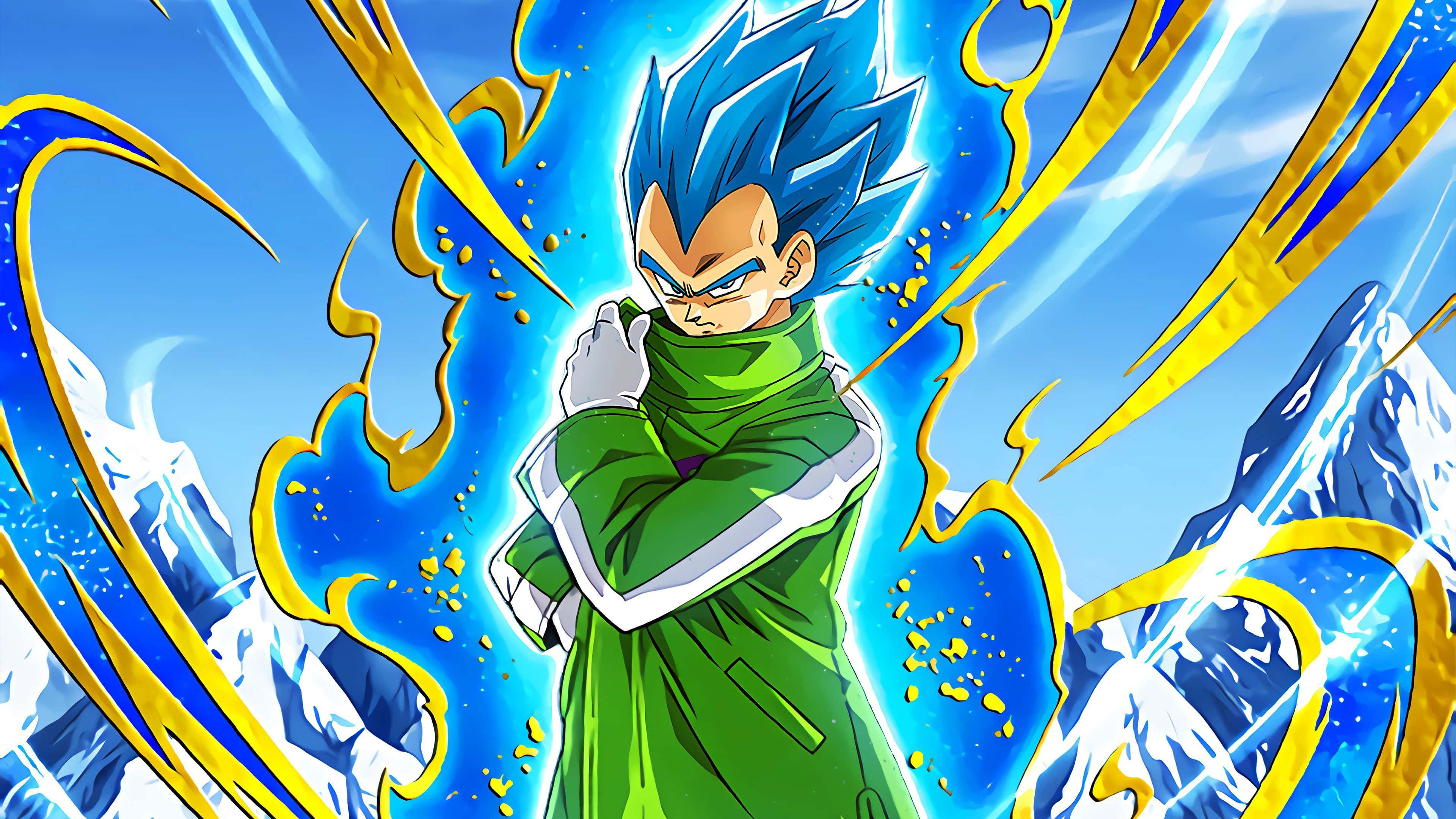 Vegeta, blue-haired anime warrior, green armor, 4K Desktop Wallpaper