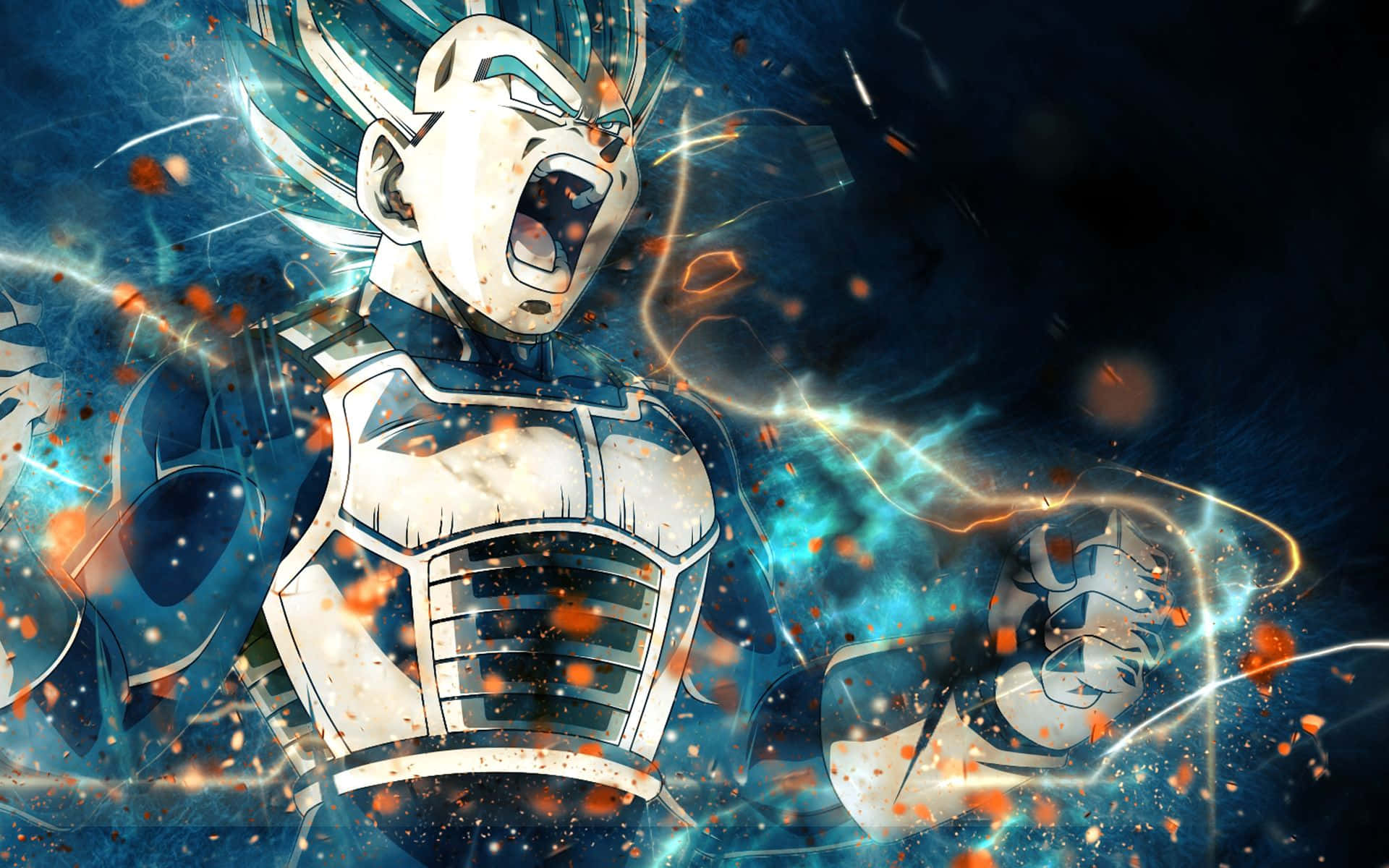 Vegeta, glowing blue energy, fiery orange sparks, Full HD Desktop Wallpaper