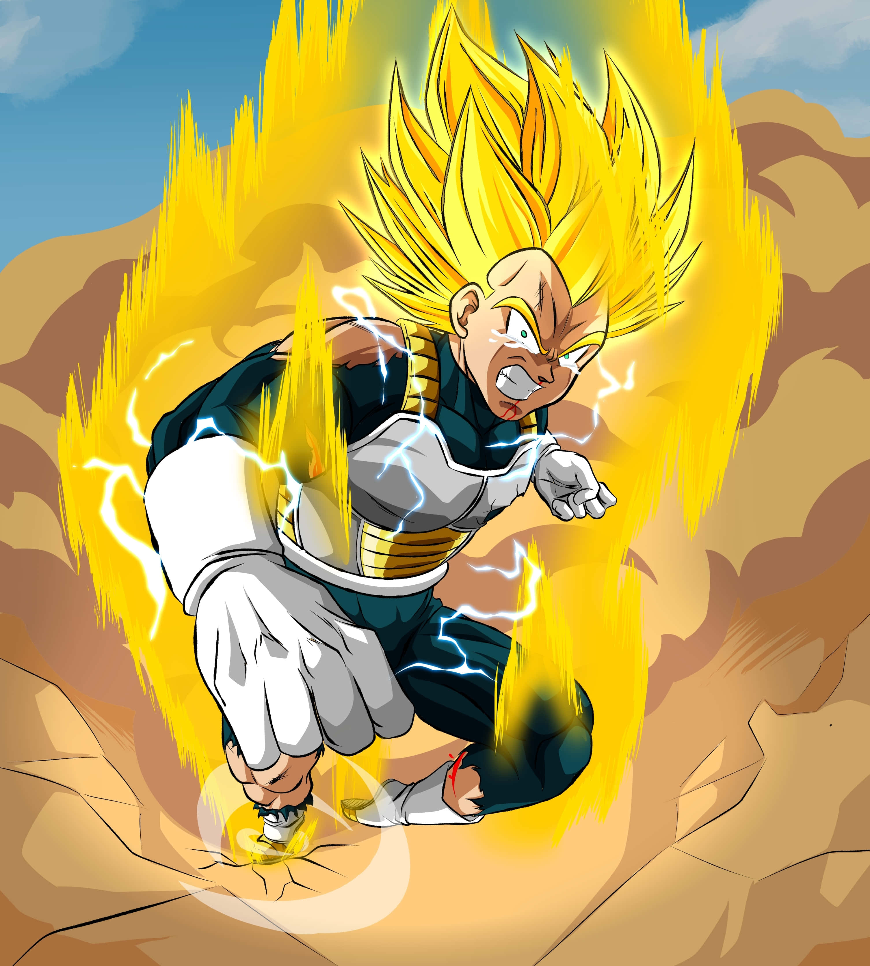 Vegeta Super Saiyan 2, spiky yellow hair, lightning crackles, 2K Phone Wallpaper