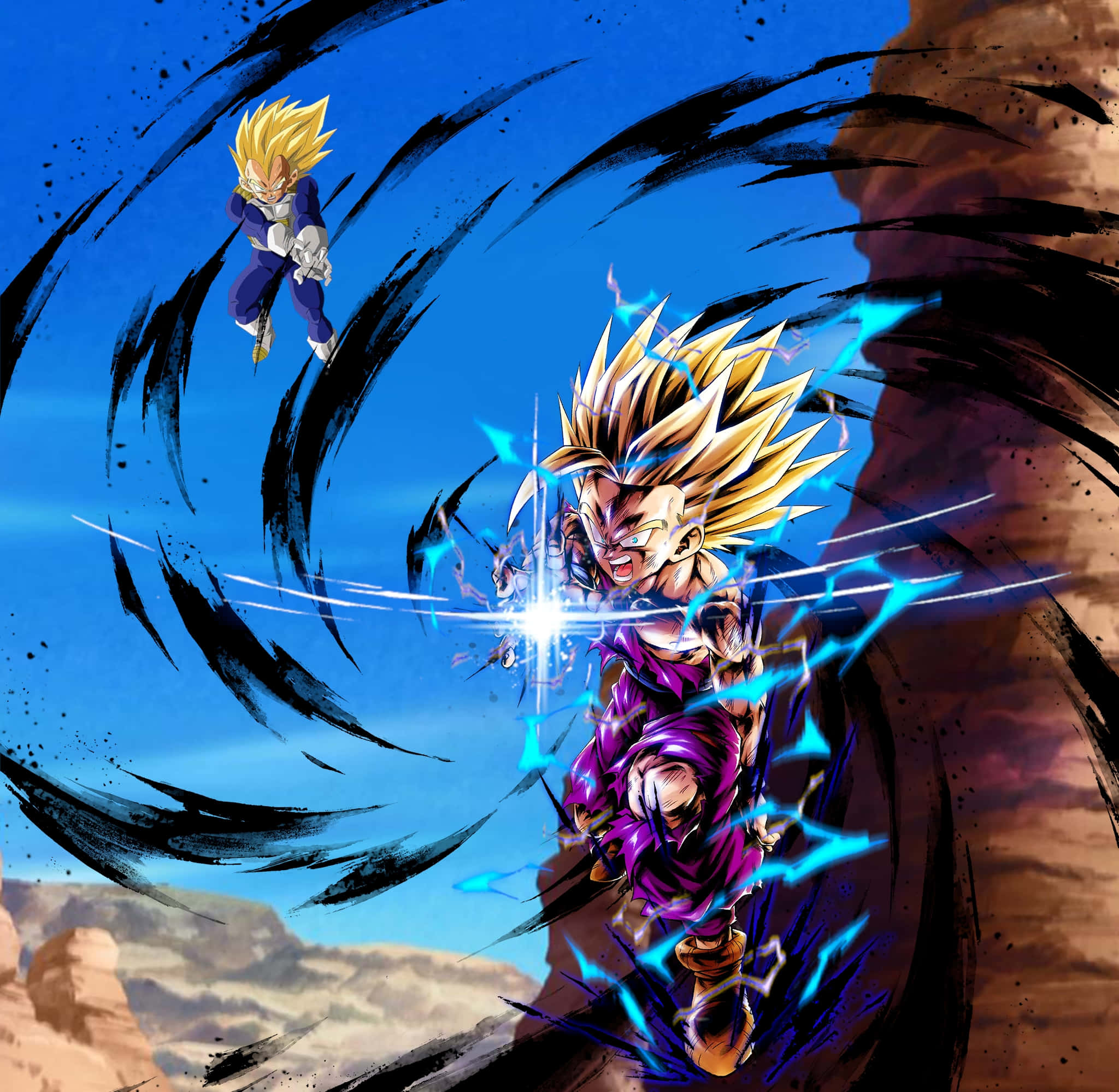 Vegeta Super Saiyan 2, blue energy beams, black motion streaks, Full HD Desktop Wallpaper