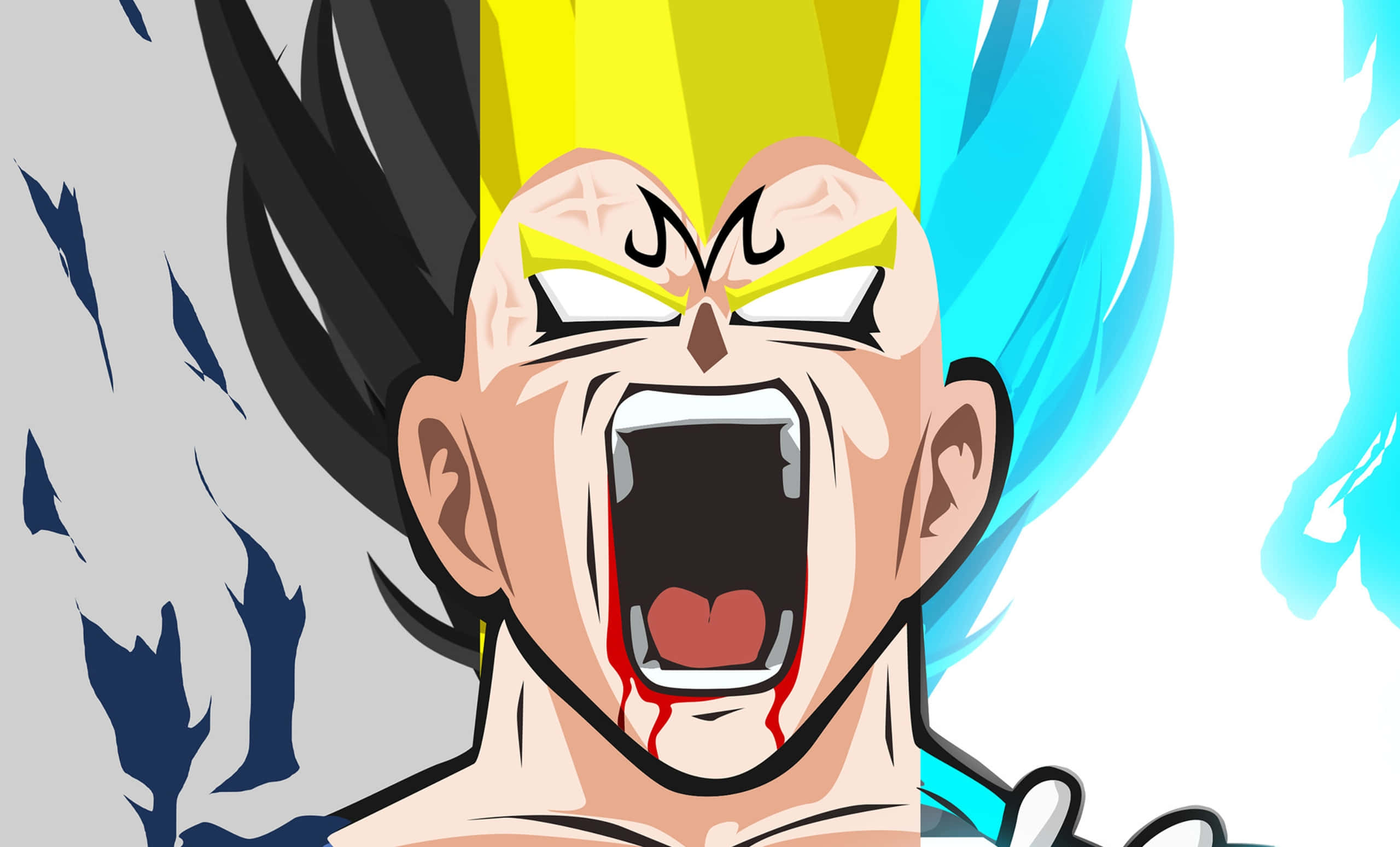 Vegeta Super Saiyan 2, spiky black yellow and blue hair, screams with blood dripping from his mouth, 2K Desktop Wallpaper