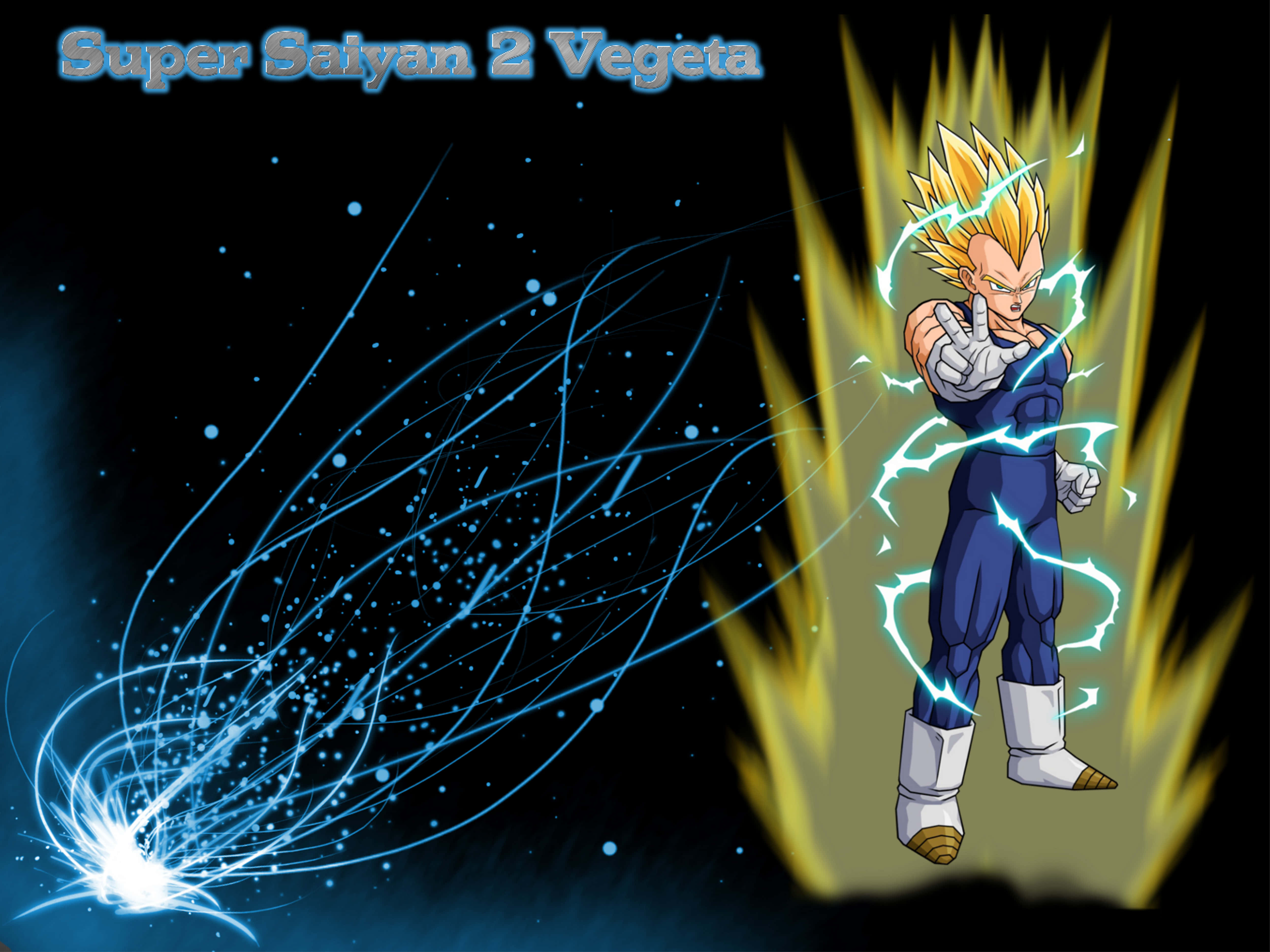 Vegeta Super Saiyan 2, golden aura, glowing blue energy trails, 4K Desktop Wallpaper