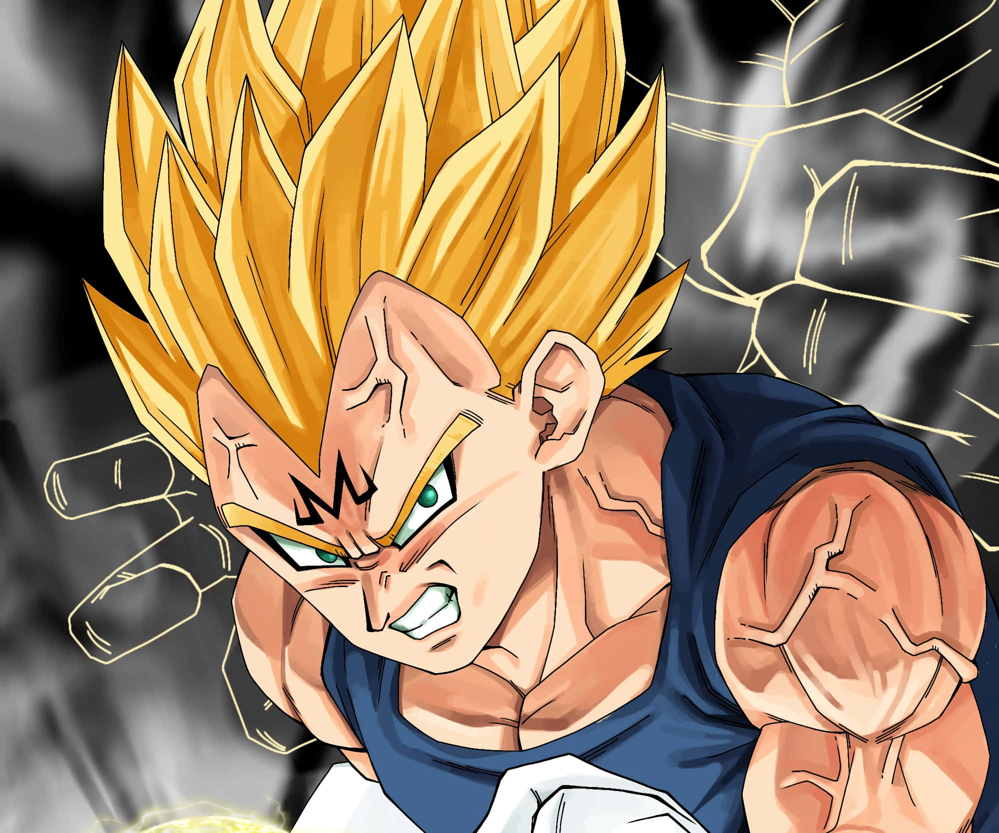 Vegeta Super Saiyan 2, spiky golden hair, glowing green eyes, Full HD Desktop Wallpaper