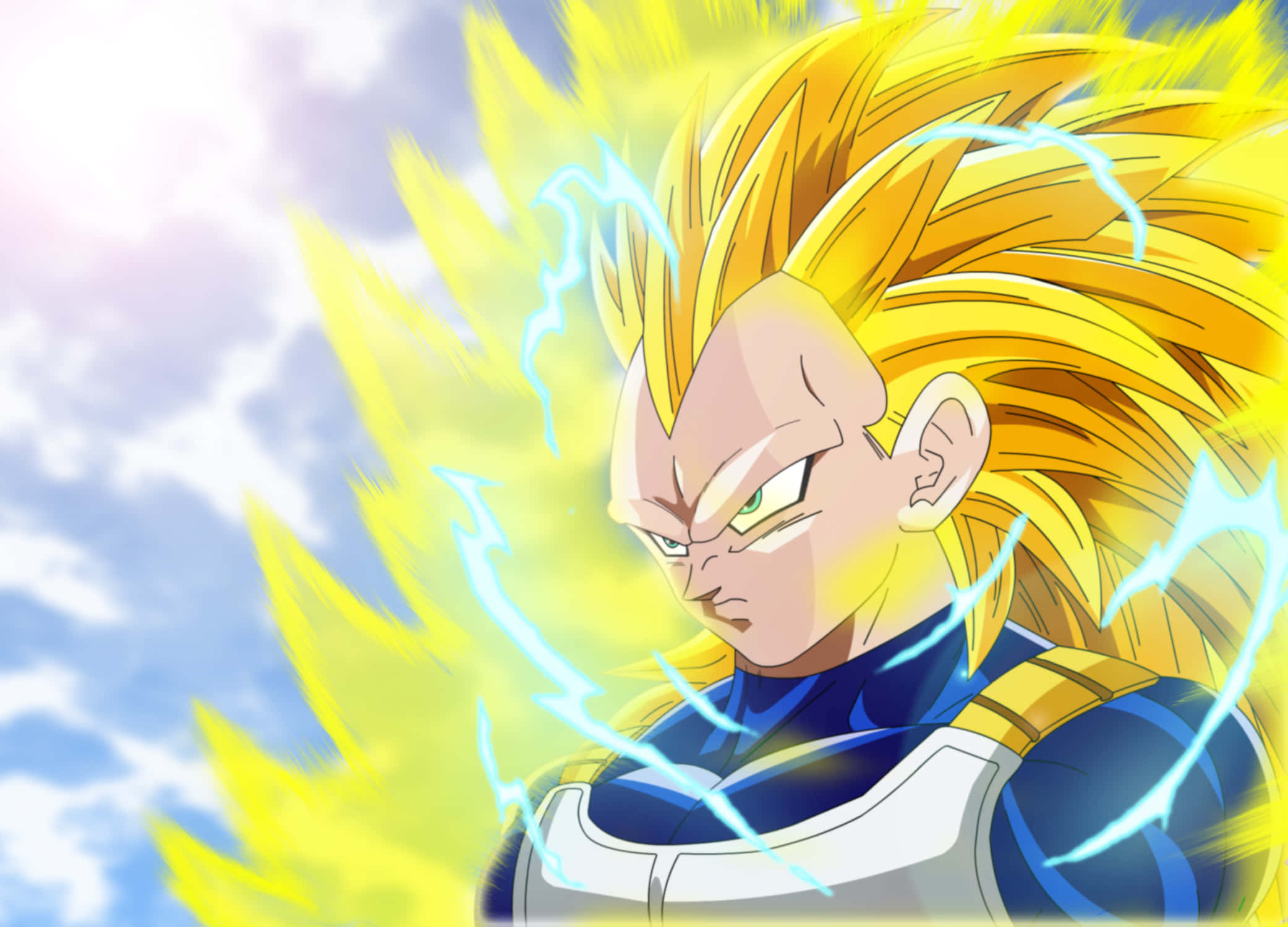 Vegeta Super Saiyan 3, spiky golden hair, glowing blue lightning, Full HD Desktop Wallpaper