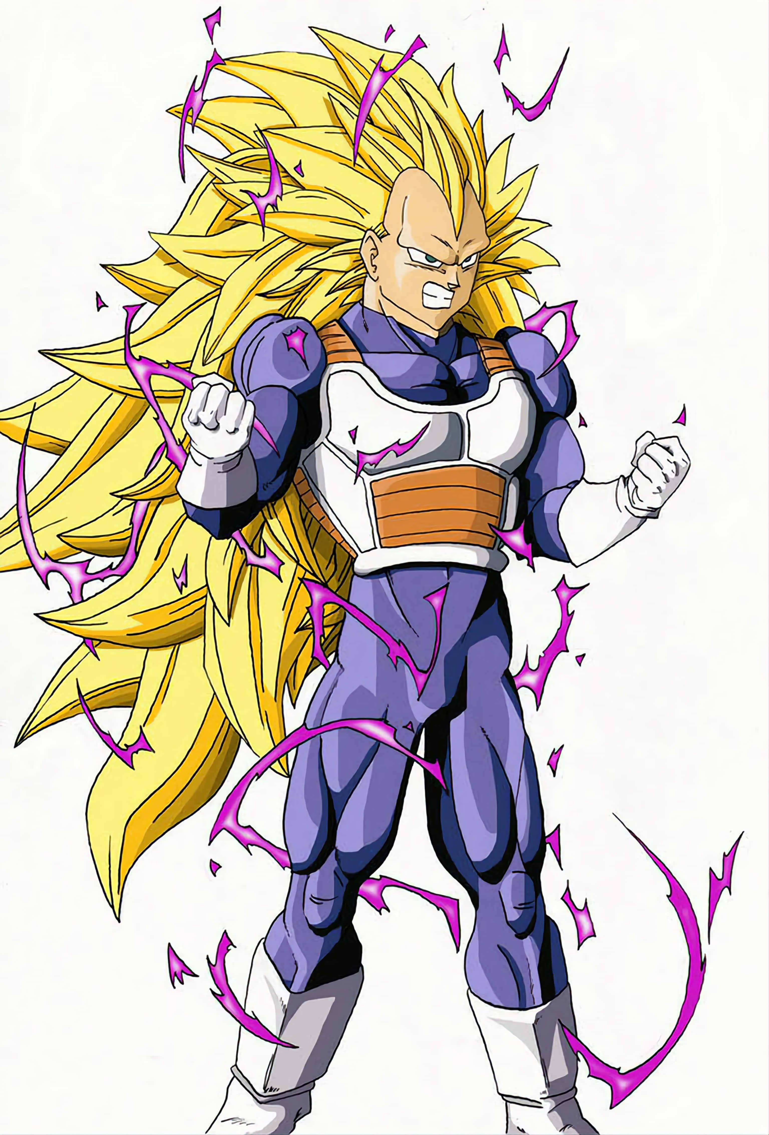 Vegeta Super Saiyan 3, spiky golden hair, purple energy bursts, 4K Phone Wallpaper
