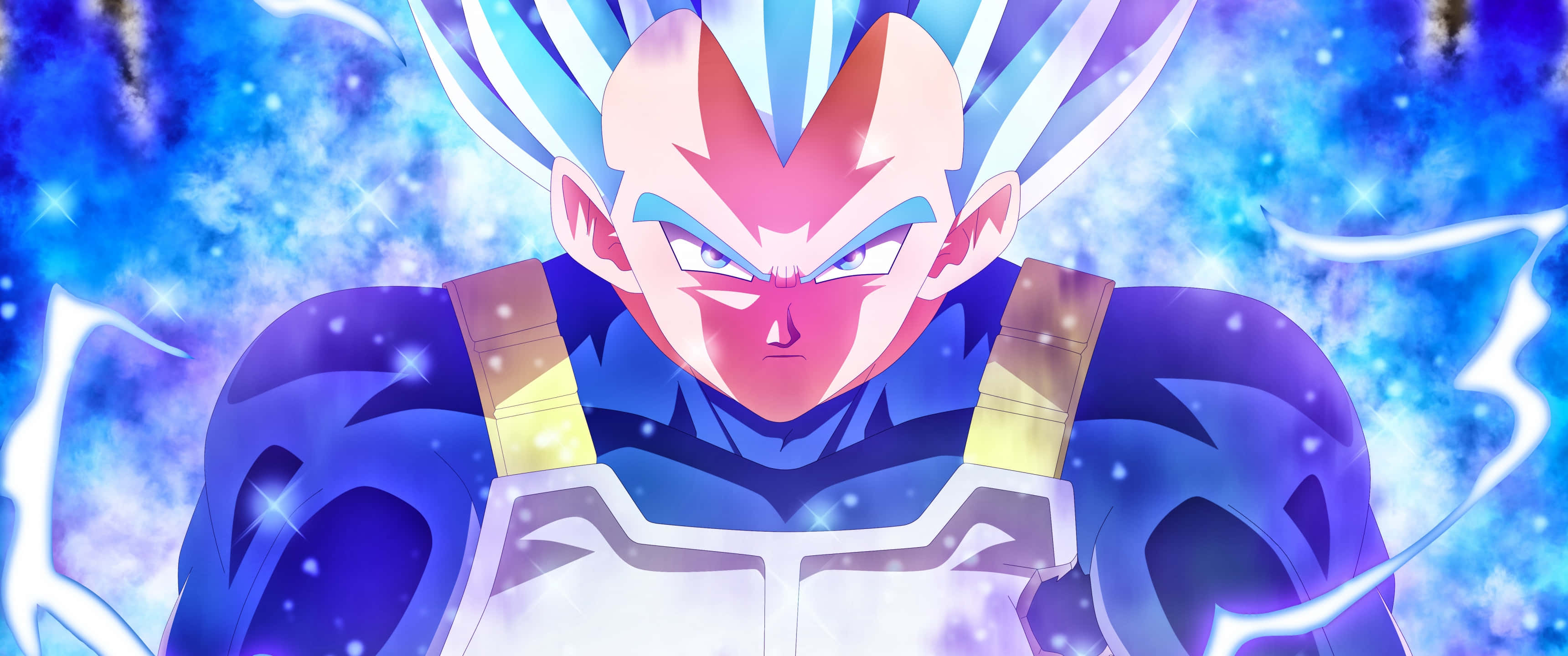 Super Saiyan Blue Vegeta, spiky blue and white hair, cosmic blue and purple energy-filled background, 2K Desktop Wallpaper