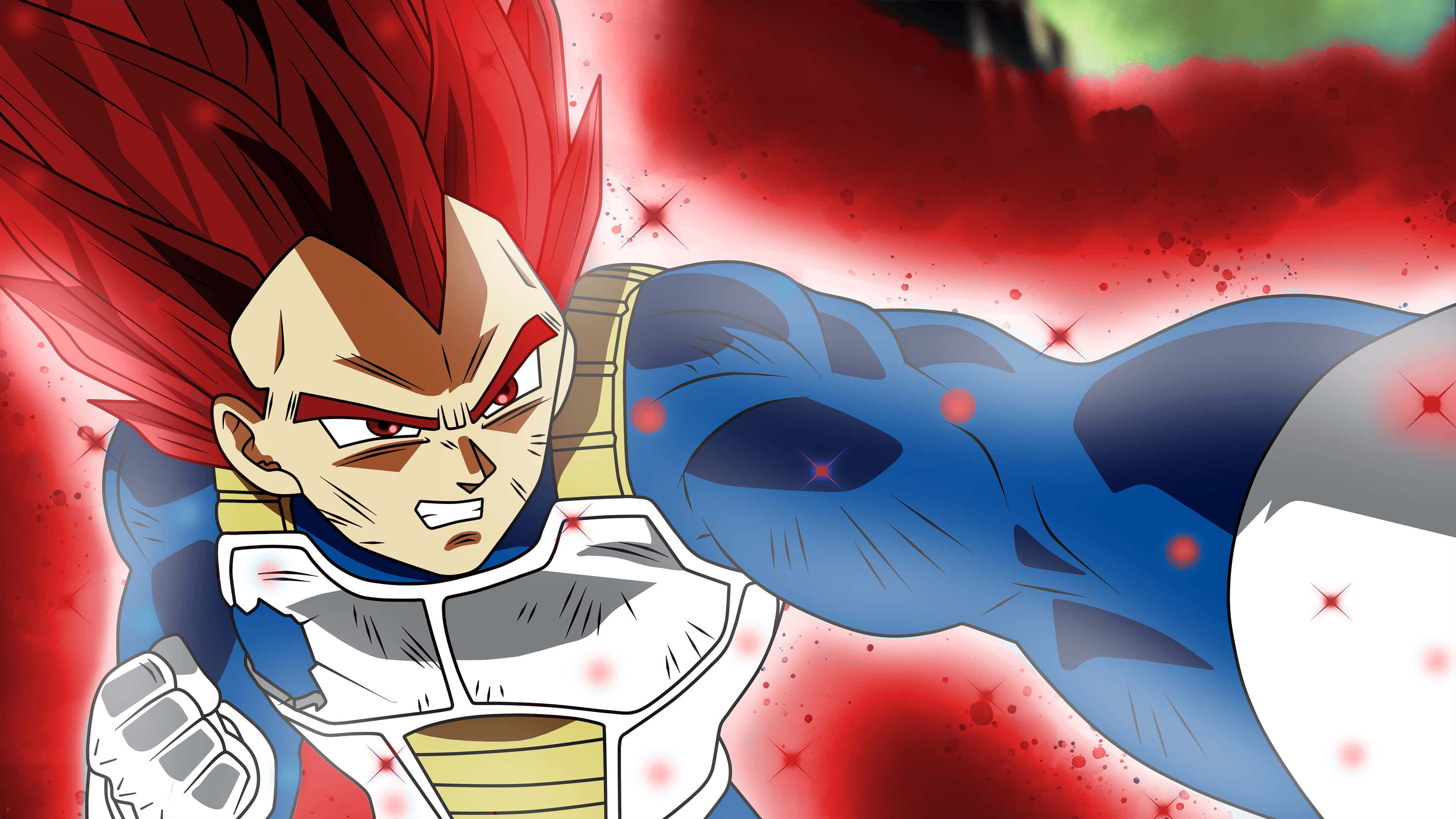 Vegeta Super Saiyan God, red hair, glowing eyes, 4K Desktop Wallpaper