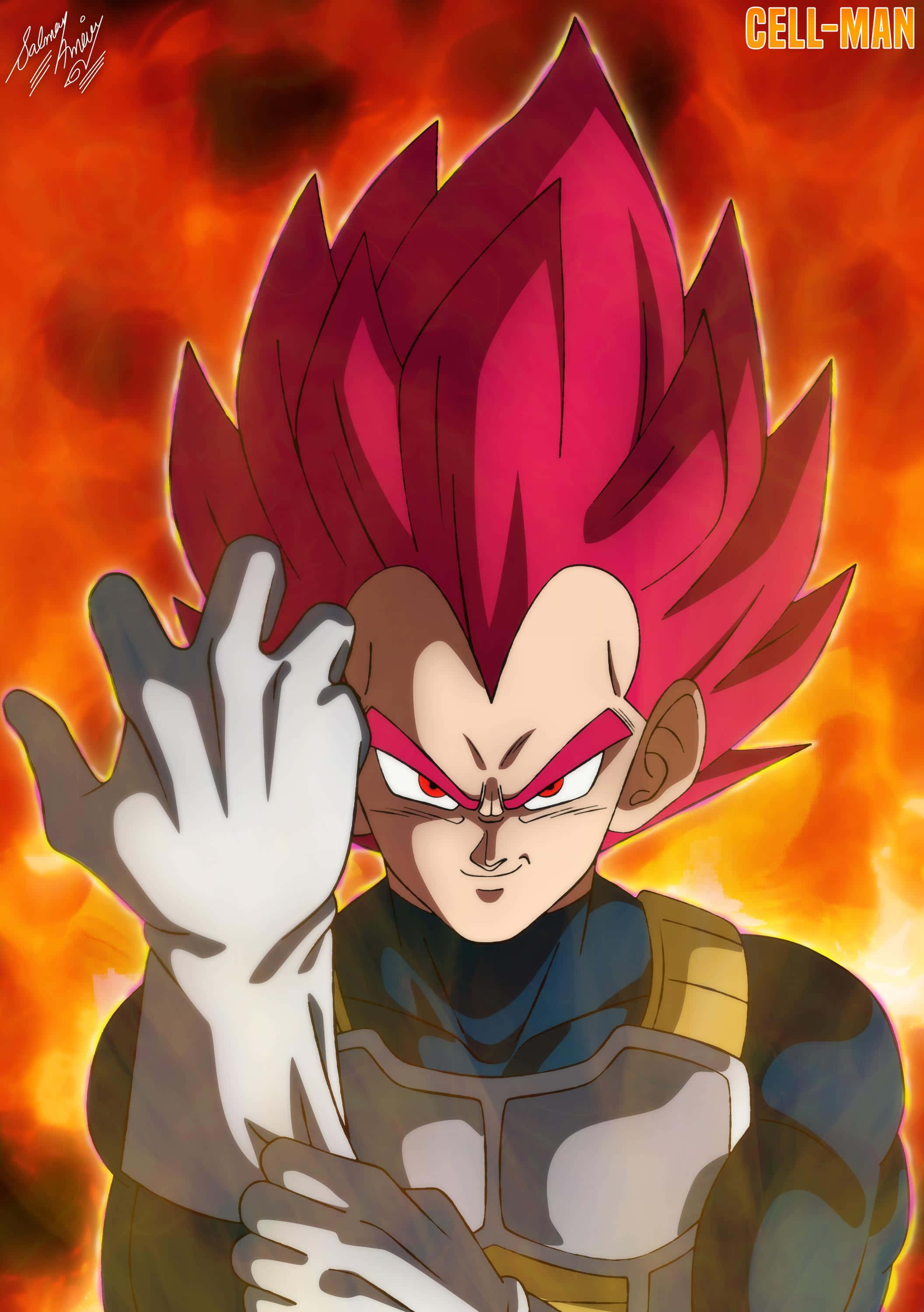 Vegeta Super Saiyan God, spiky red hair, glowing eyes, 2K Phone Wallpaper