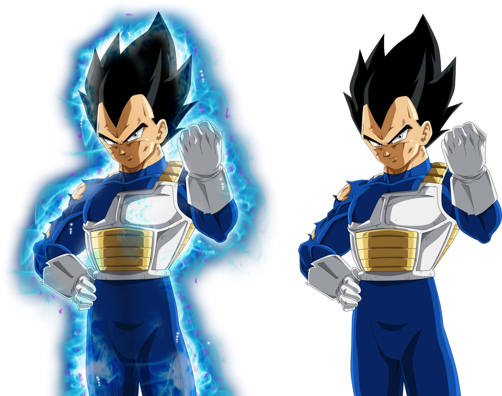 Vegeta Ultra Instinct, blue and gold armor, glowing blue energy, HD Desktop Wallpaper