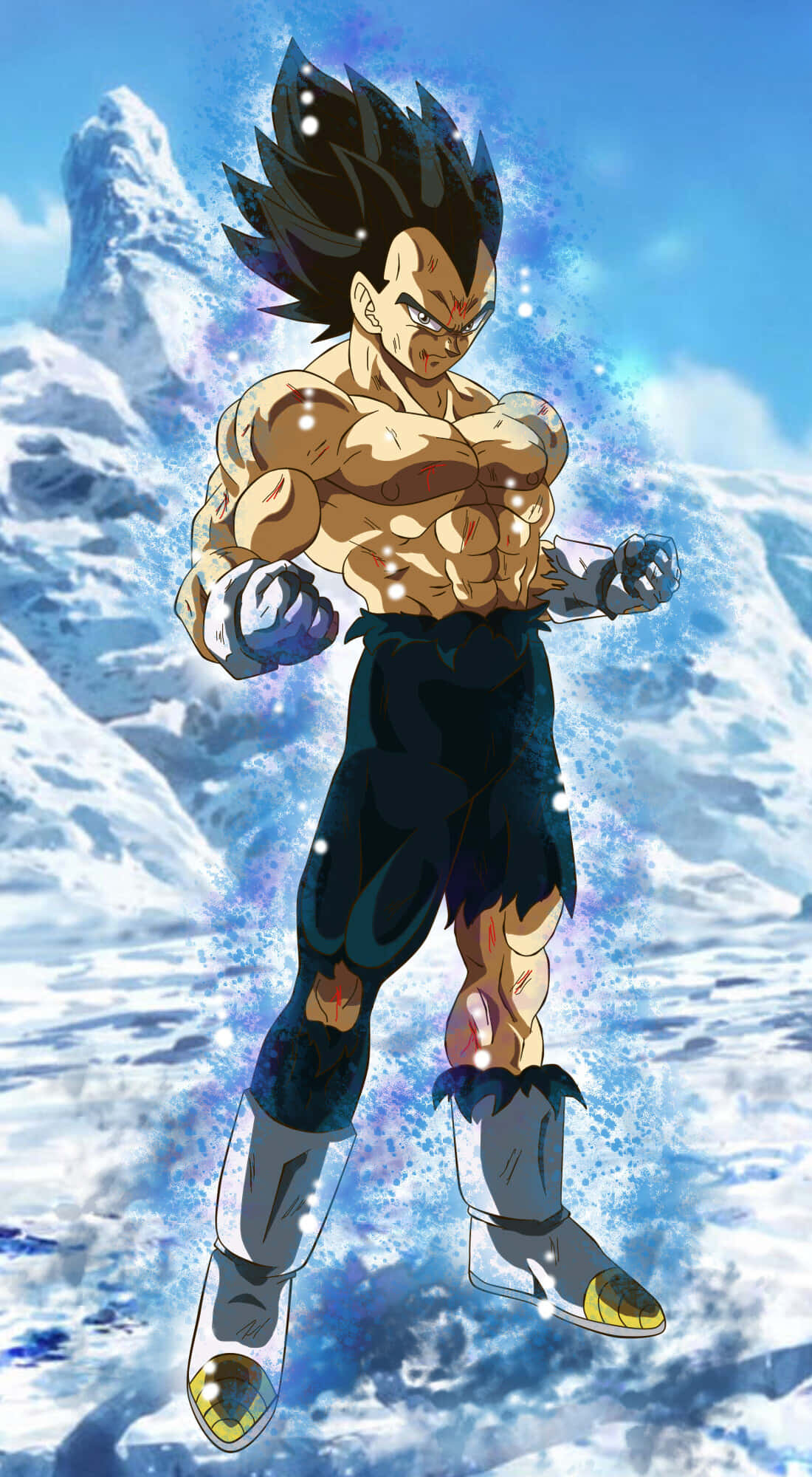 Vegeta Ultra Instinct, snowy mountain landscape, glowing energy particles, Full HD Phone Wallpaper