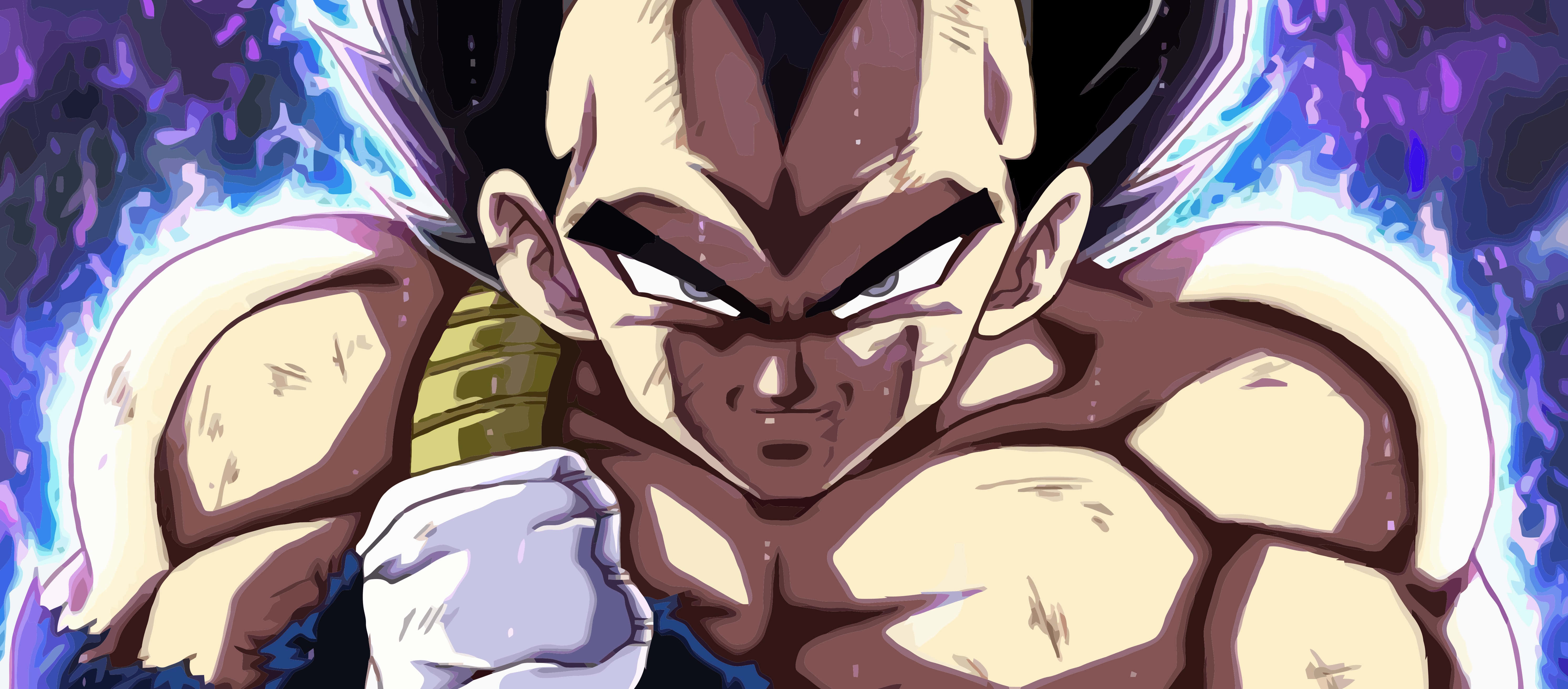 Vegeta Ultra Instinct, glowing blue aura, spiky black hair, 5K Desktop Wallpaper