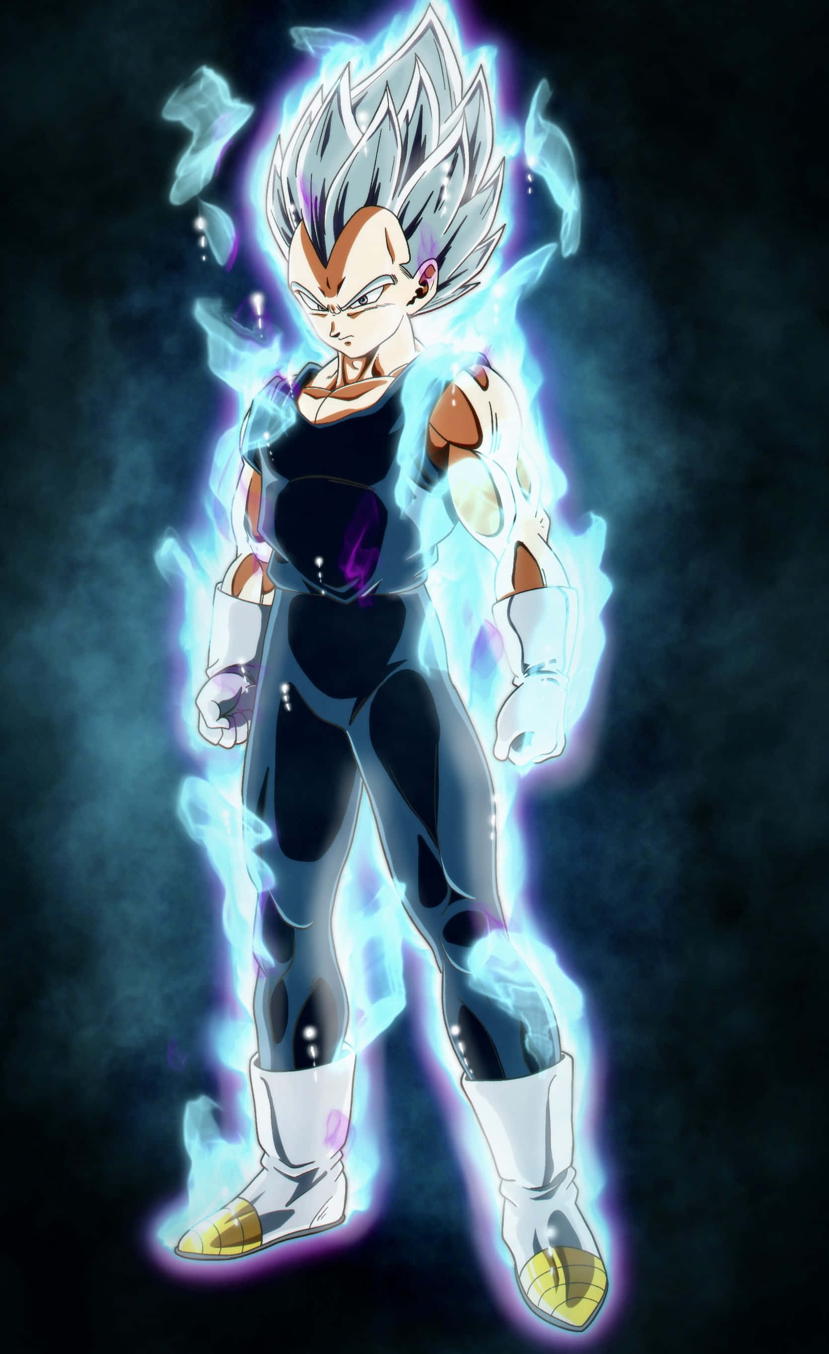 Vegeta Ultra Instinct, spiky silver hair, glowing blue aura, 2K Phone Wallpaper